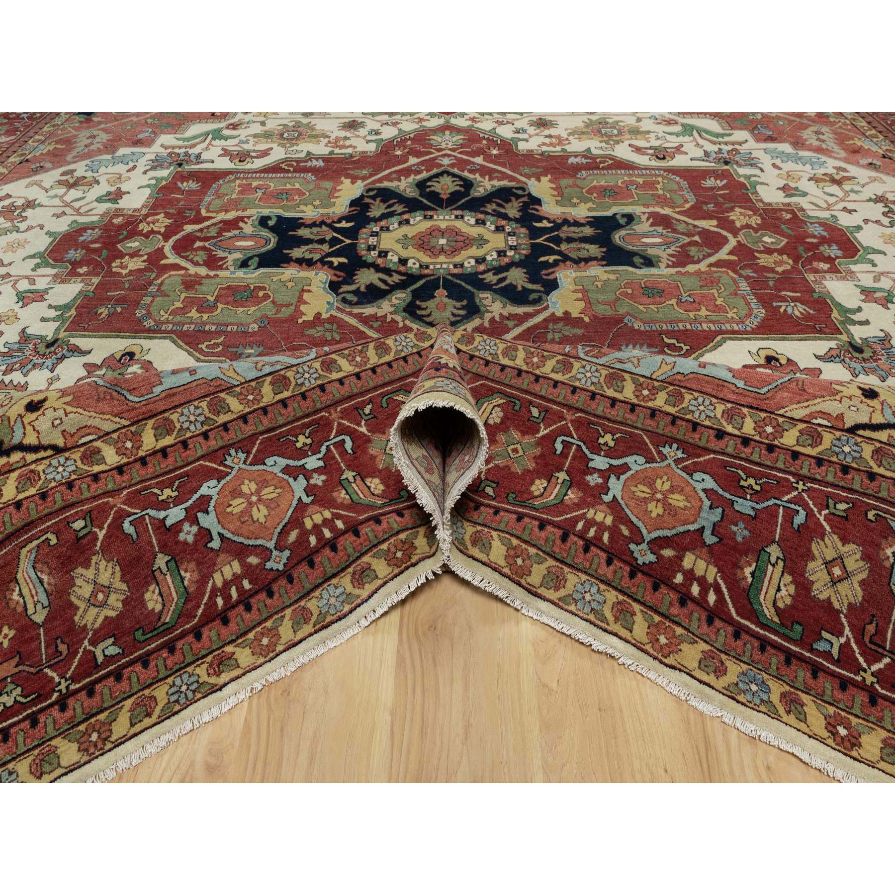 12'3"x12'3" Pearl White with Red, Antiqued Fine Heriz Re-Creation with Medallion Design, Denser Weave, Hand Spun New Zealand Wool, Hand Knotted, Square, Oriental Rug Sh91107