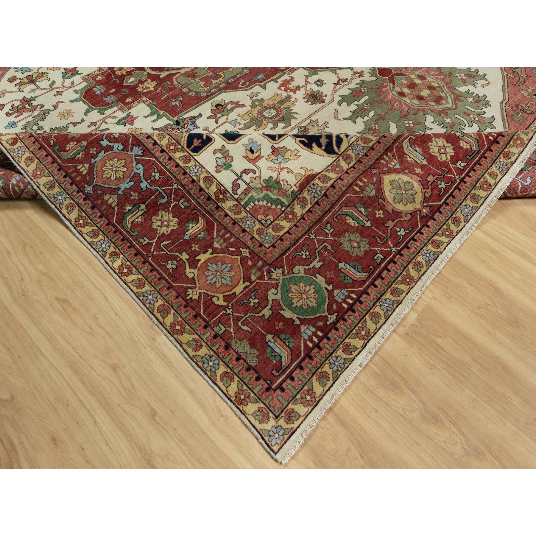 12'3"x12'3" Pearl White with Red, Antiqued Fine Heriz Re-Creation with Medallion Design, Denser Weave, Hand Spun New Zealand Wool, Hand Knotted, Square, Oriental Rug Sh91107