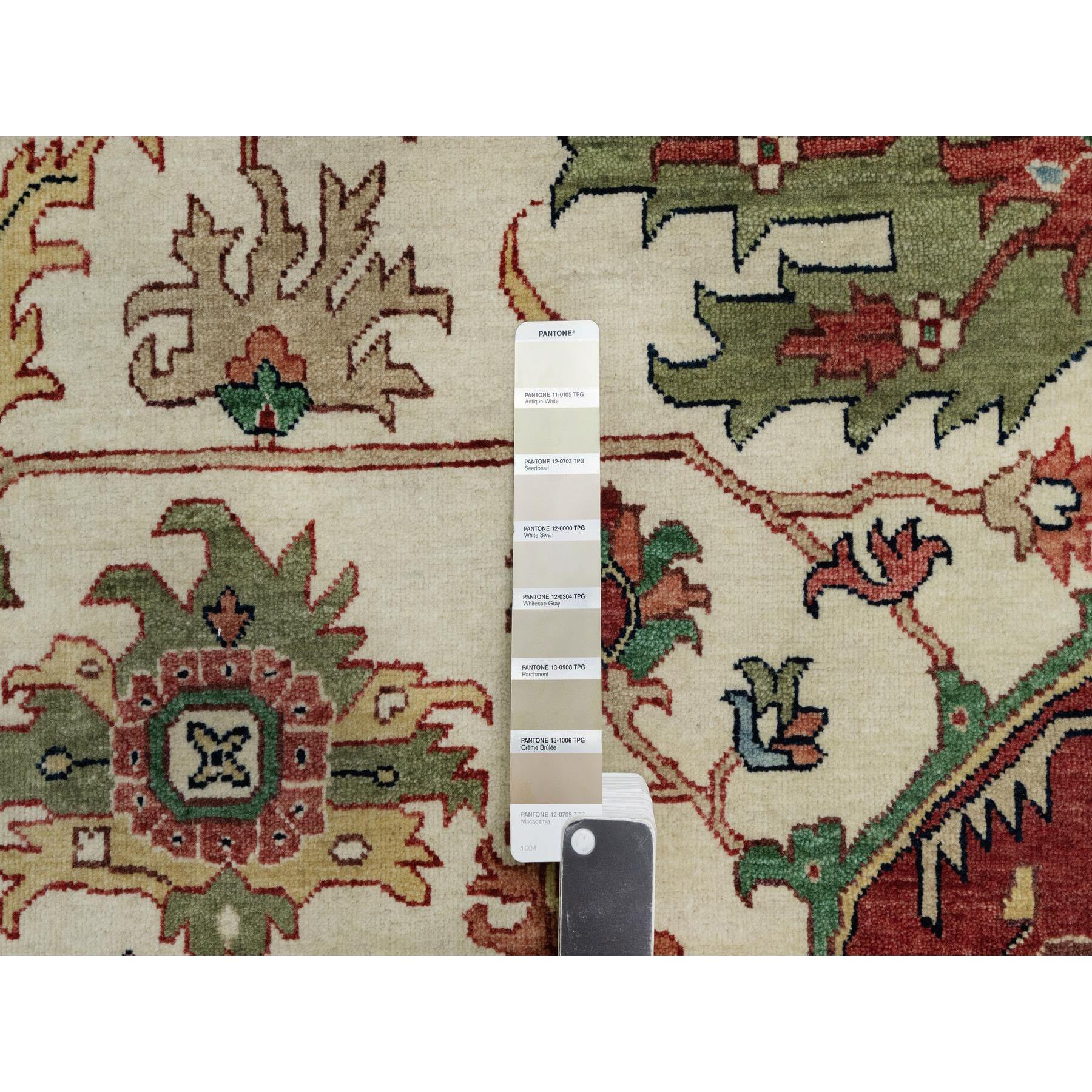 12'3"x12'3" Pearl White with Red, Antiqued Fine Heriz Re-Creation with Medallion Design, Denser Weave, Hand Spun New Zealand Wool, Hand Knotted, Square, Oriental Rug Sh91107