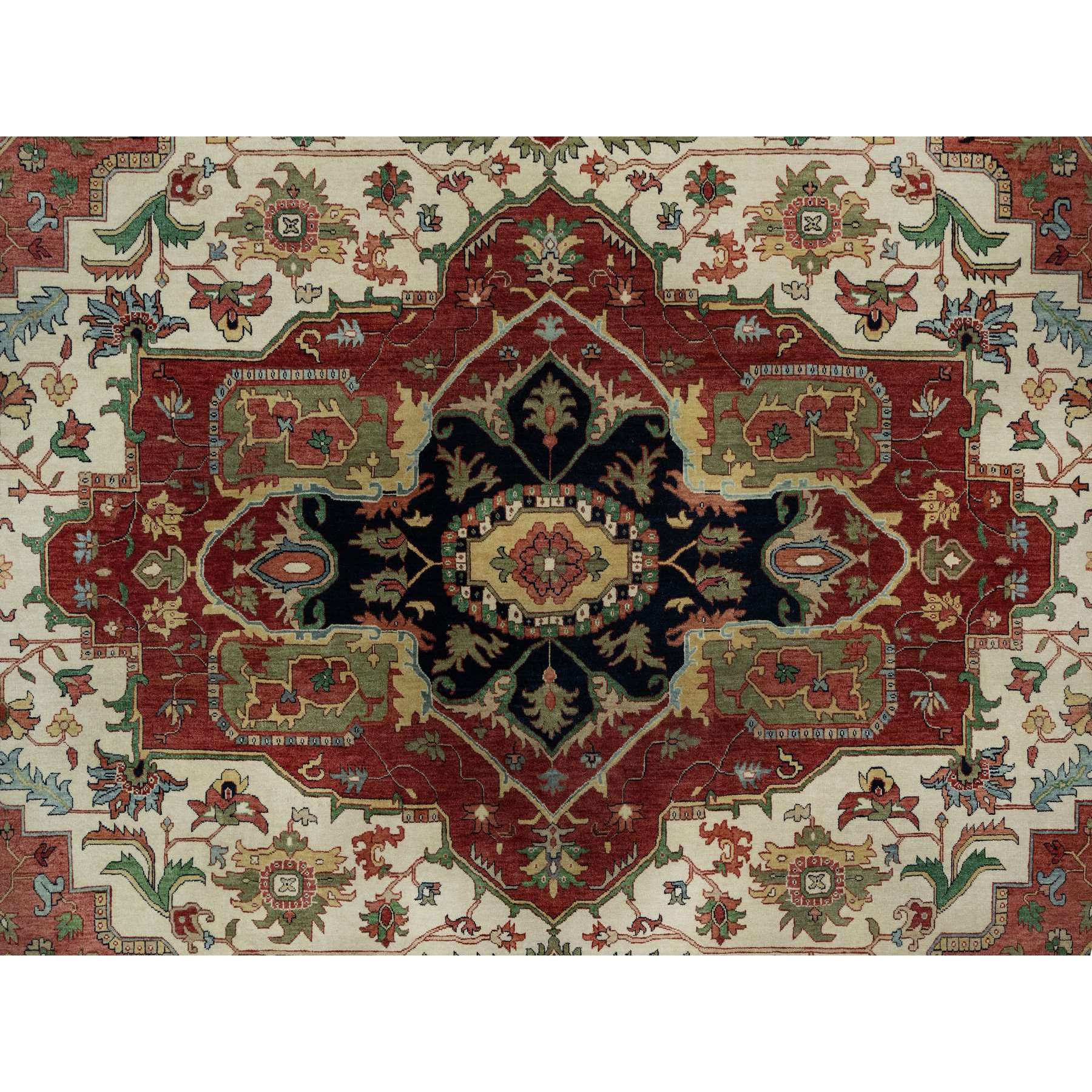 12'3"x12'3" Pearl White with Red, Antiqued Fine Heriz Re-Creation with Medallion Design, Denser Weave, Hand Spun New Zealand Wool, Hand Knotted, Square, Oriental Rug Sh91107