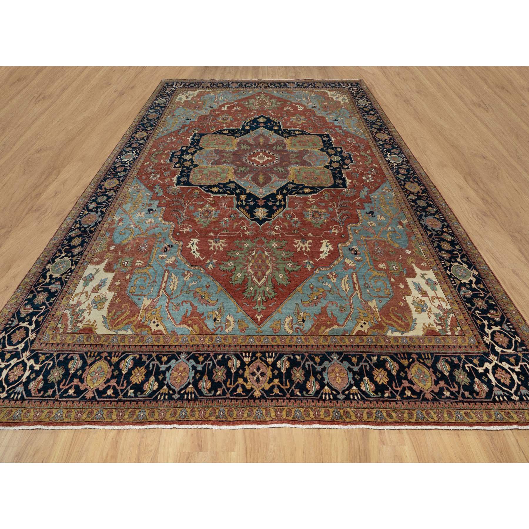 11'9"x15'4" Scarlet Red, Antiqued Fine Heriz Re-Creation with Large Medallion Design, Denser Weave, Hand Knotted, Natural Dyes, Hand Spun New Zealand Wool, Oriental, Oversized Rug Sh91109