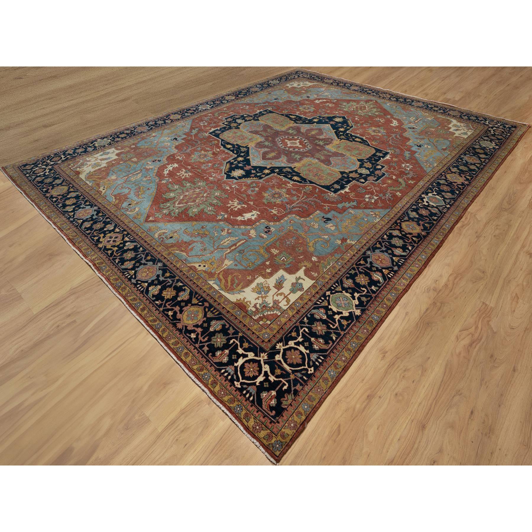 11'9"x15'4" Scarlet Red, Antiqued Fine Heriz Re-Creation with Large Medallion Design, Denser Weave, Hand Knotted, Natural Dyes, Hand Spun New Zealand Wool, Oriental, Oversized Rug Sh91109