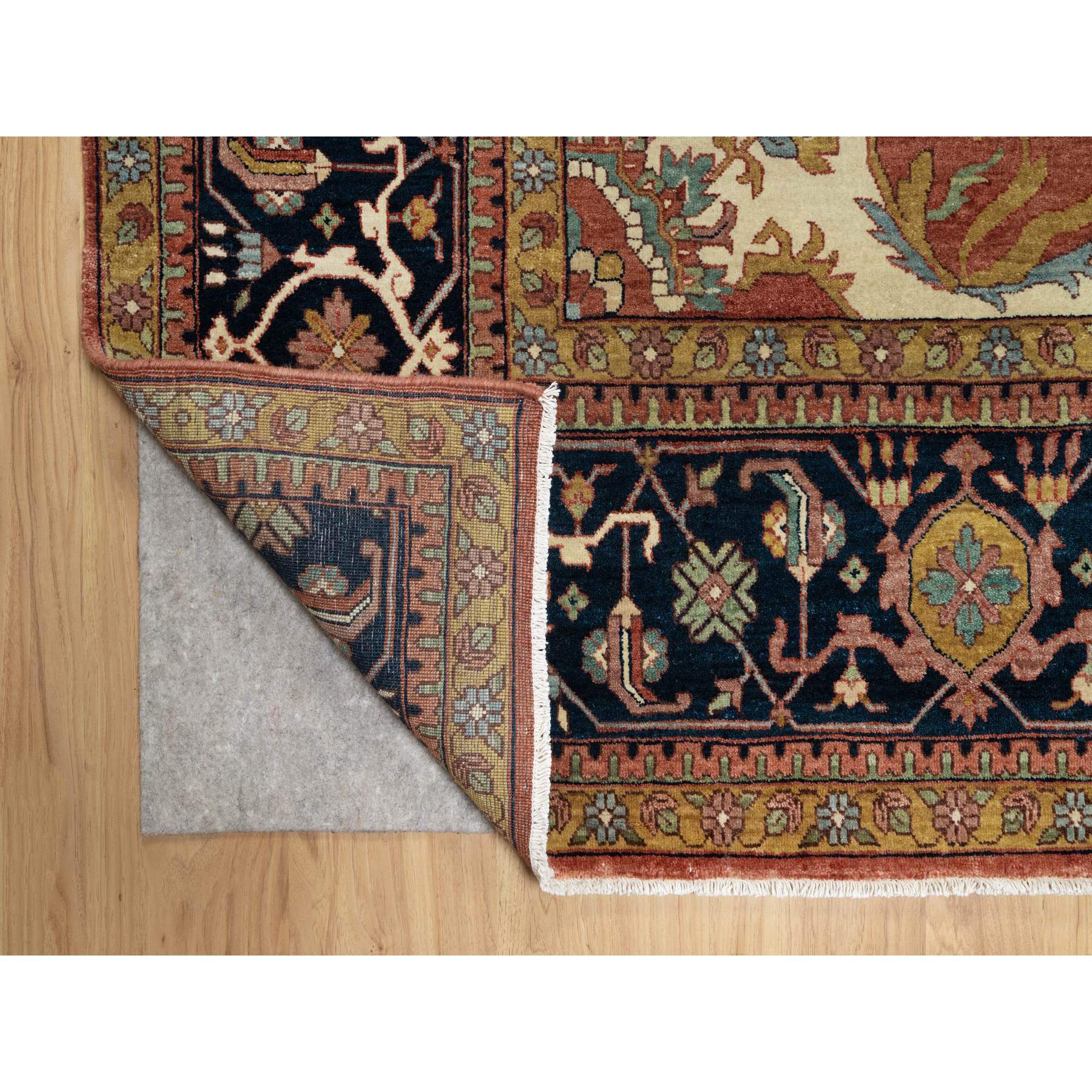 11'9"x15'4" Scarlet Red, Antiqued Fine Heriz Re-Creation with Large Medallion Design, Denser Weave, Hand Knotted, Natural Dyes, Hand Spun New Zealand Wool, Oriental, Oversized Rug Sh91109