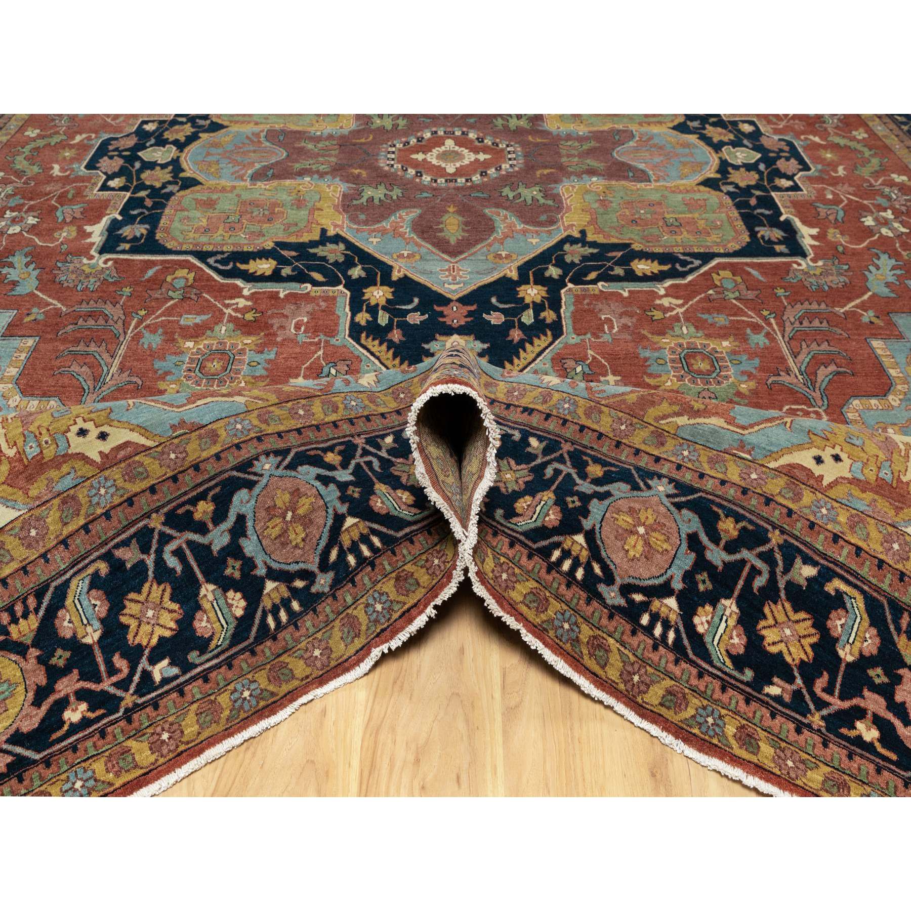 11'9"x15'4" Scarlet Red, Antiqued Fine Heriz Re-Creation with Large Medallion Design, Denser Weave, Hand Knotted, Natural Dyes, Hand Spun New Zealand Wool, Oriental, Oversized Rug Sh91109