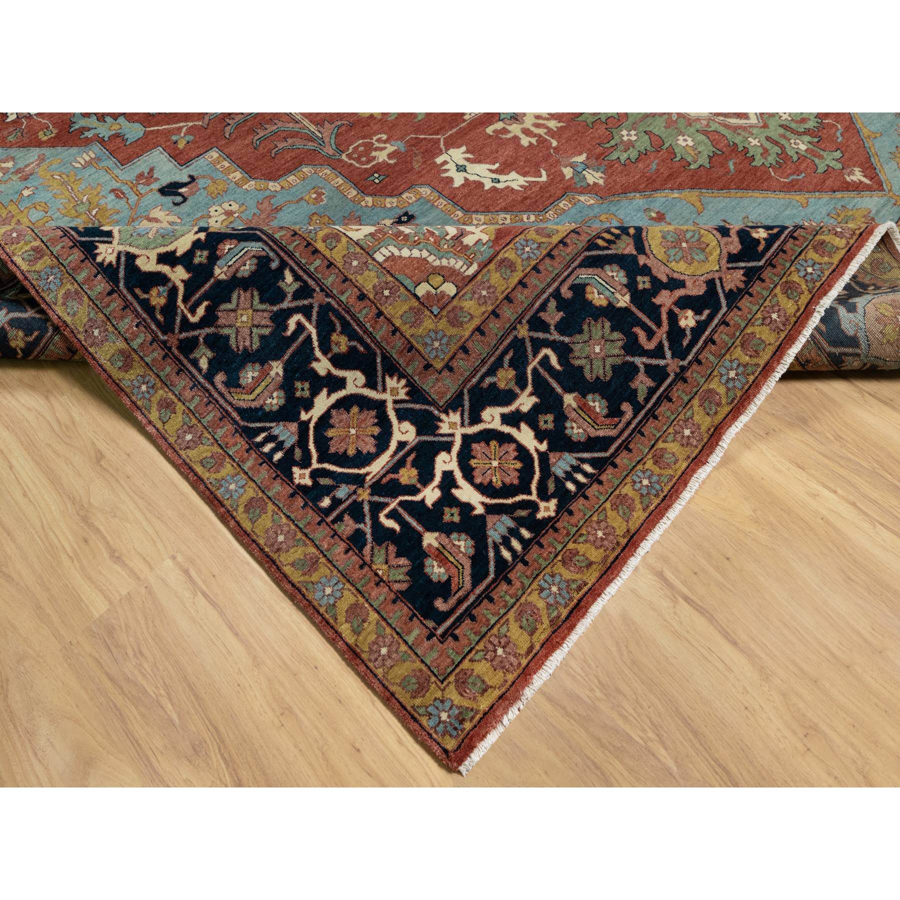 11'9"x15'4" Scarlet Red, Antiqued Fine Heriz Re-Creation with Large Medallion Design, Denser Weave, Hand Knotted, Natural Dyes, Hand Spun New Zealand Wool, Oriental, Oversized Rug Sh91109