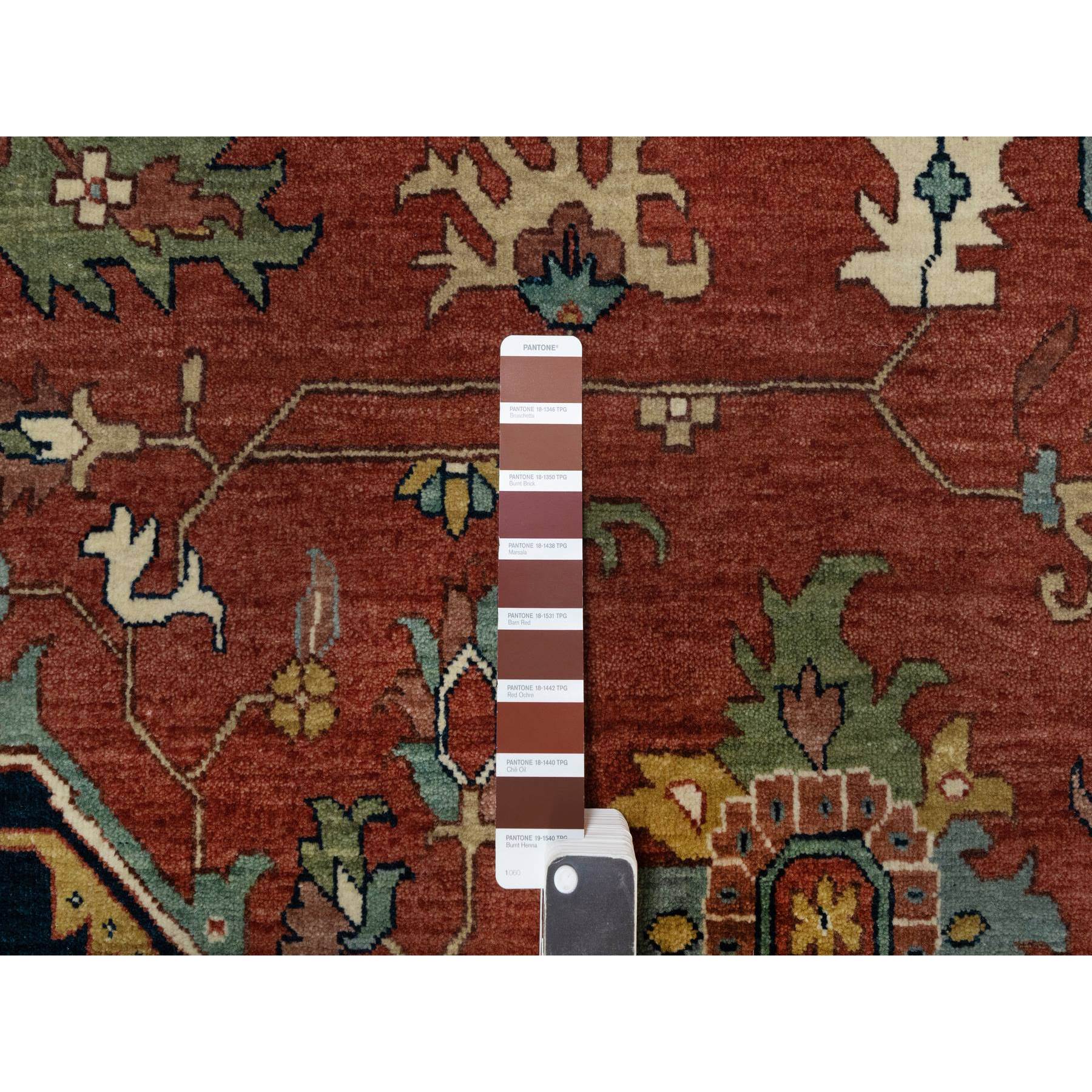 11'9"x15'4" Scarlet Red, Antiqued Fine Heriz Re-Creation with Large Medallion Design, Denser Weave, Hand Knotted, Natural Dyes, Hand Spun New Zealand Wool, Oriental, Oversized Rug Sh91109