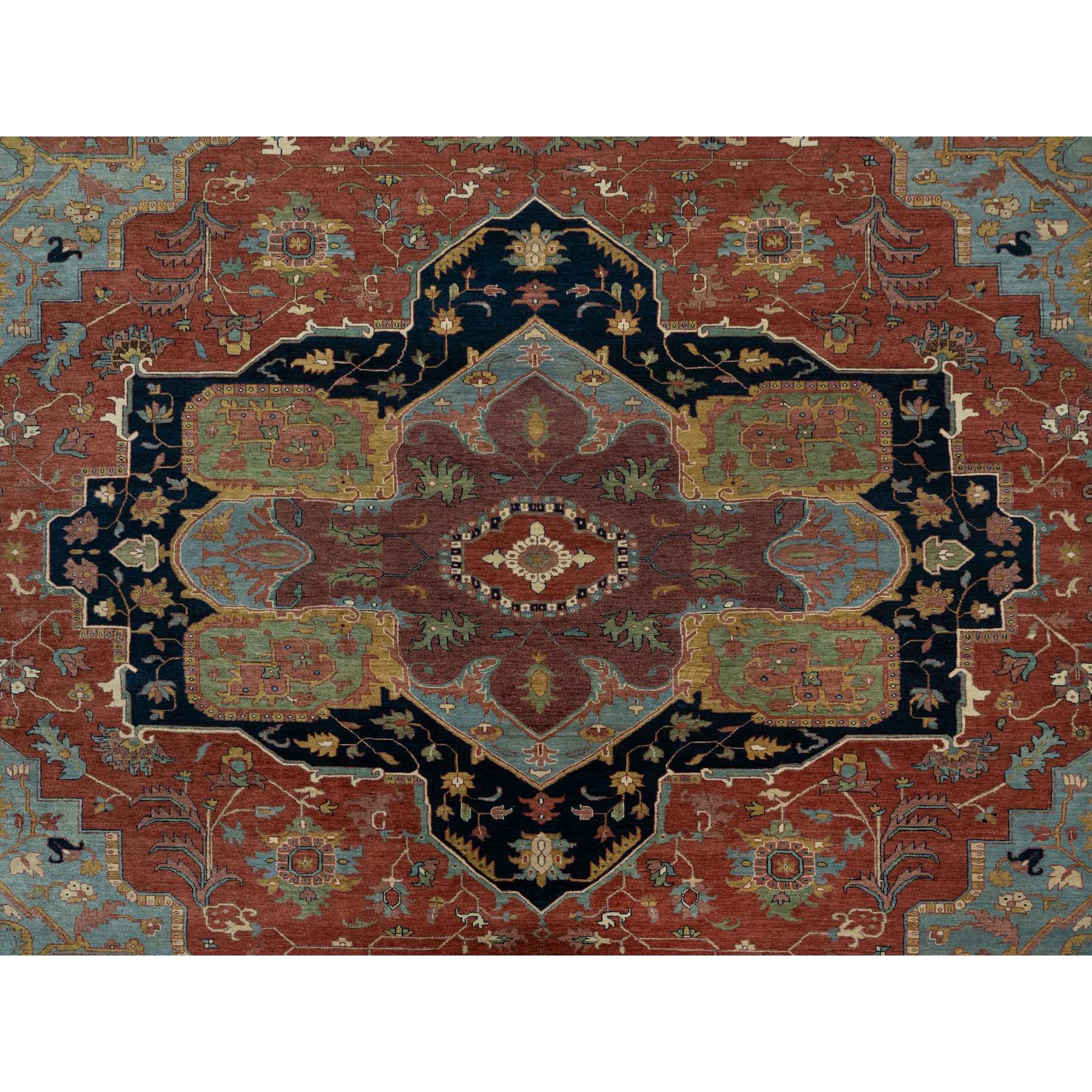 11'9"x15'4" Scarlet Red, Antiqued Fine Heriz Re-Creation with Large Medallion Design, Denser Weave, Hand Knotted, Natural Dyes, Hand Spun New Zealand Wool, Oriental, Oversized Rug Sh91109