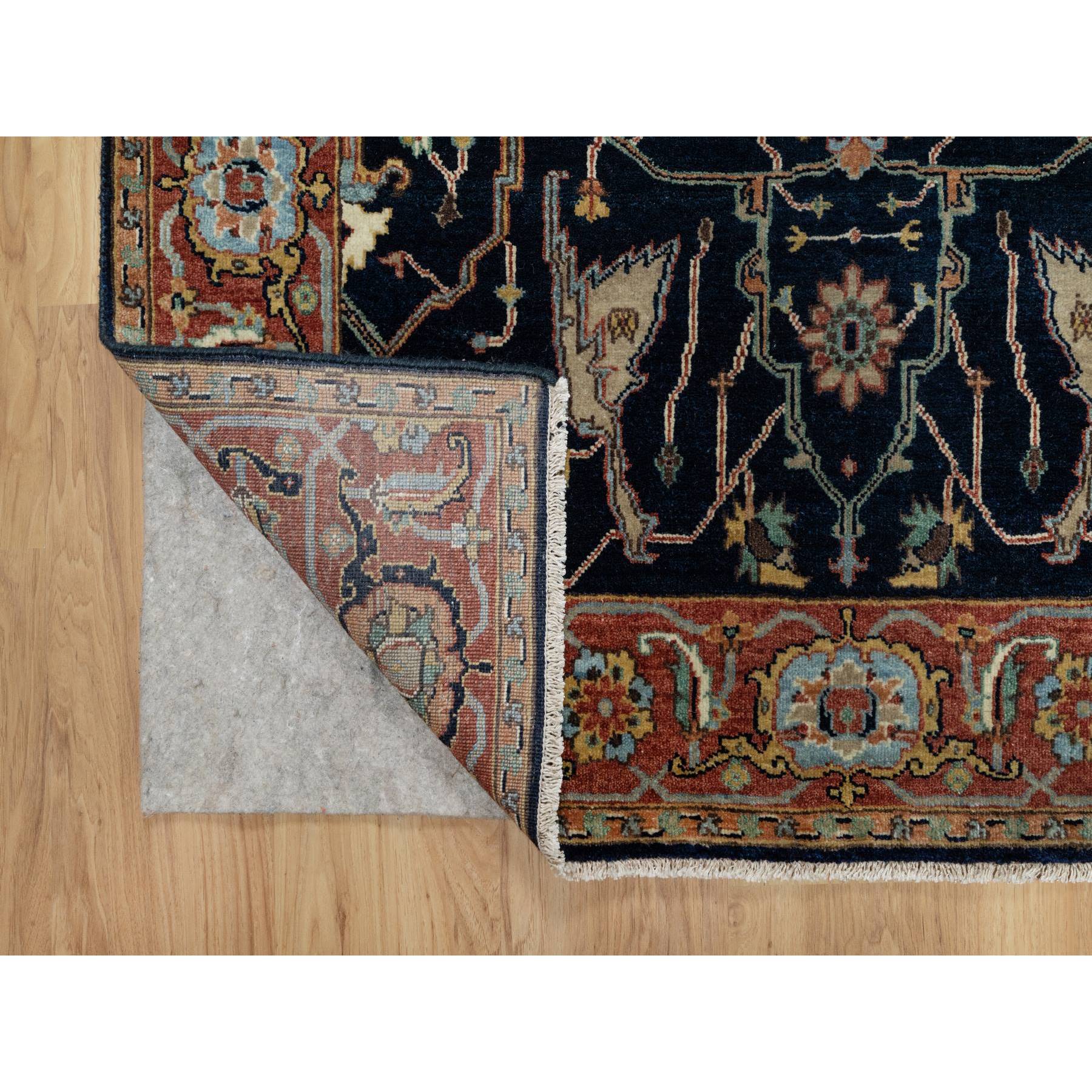 4'2"x8'1" Polo Blue, All Over Vines Design, Lush and Plush, Organic Wool, Densely Woven, Antiqued Fine Heriz, Re-Creation, Hand Knotted, Wide Runner, Oriental Rug Sh91110