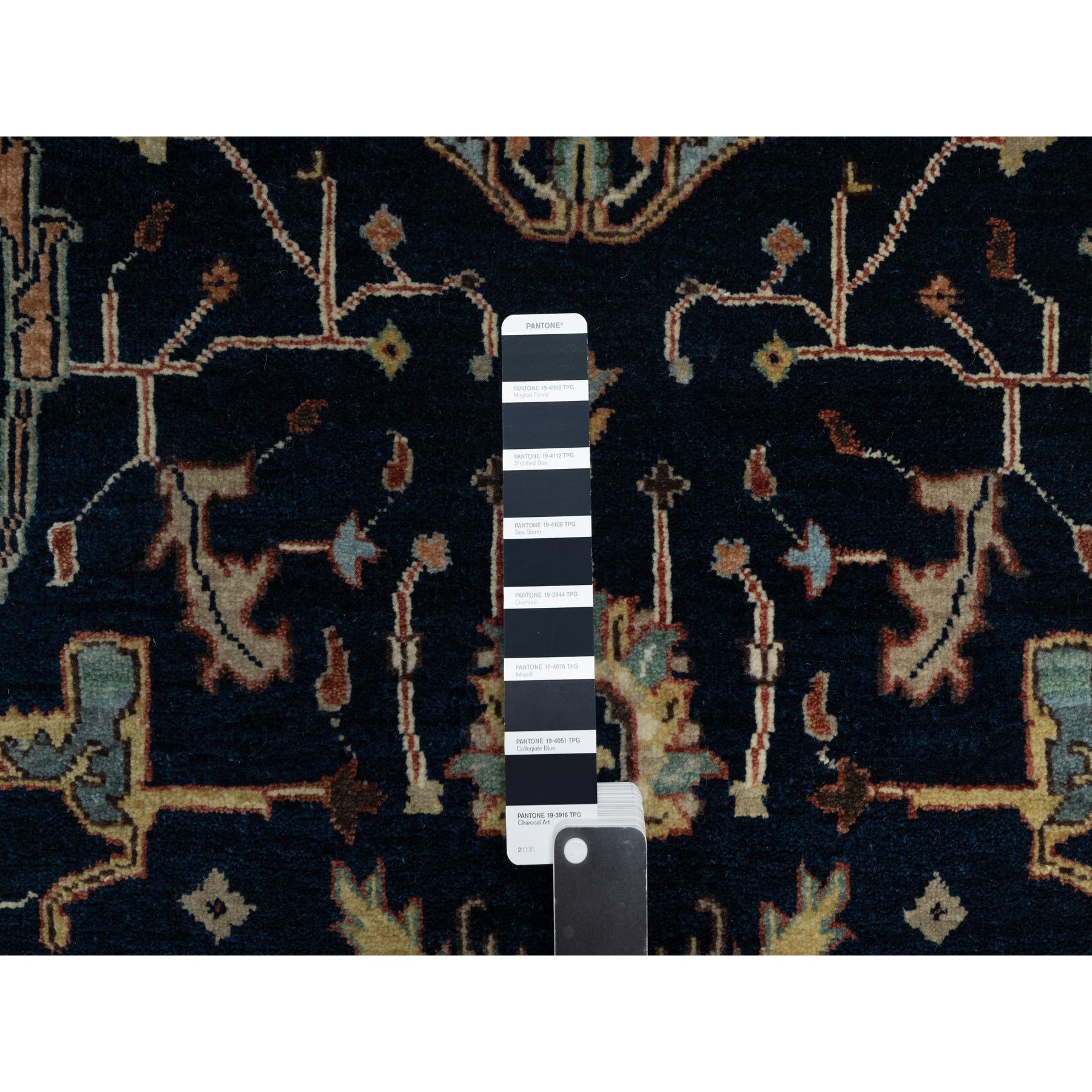 4'2"x8'1" Polo Blue, All Over Vines Design, Lush and Plush, Organic Wool, Densely Woven, Antiqued Fine Heriz, Re-Creation, Hand Knotted, Wide Runner, Oriental Rug Sh91110