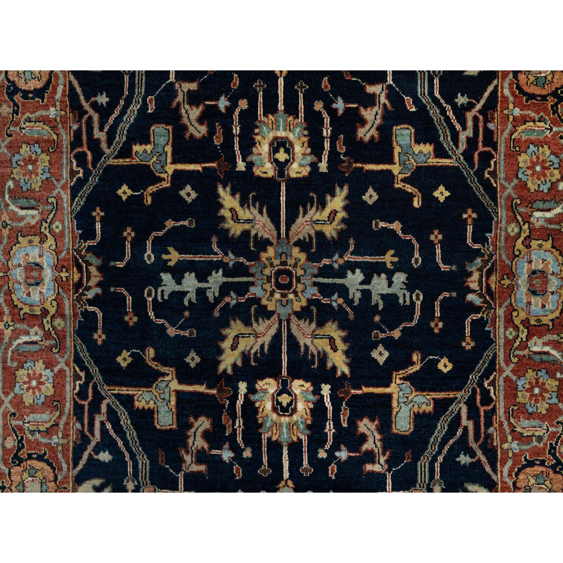 4'2"x8'1" Polo Blue, All Over Vines Design, Lush and Plush, Organic Wool, Densely Woven, Antiqued Fine Heriz, Re-Creation, Hand Knotted, Wide Runner, Oriental Rug Sh91110
