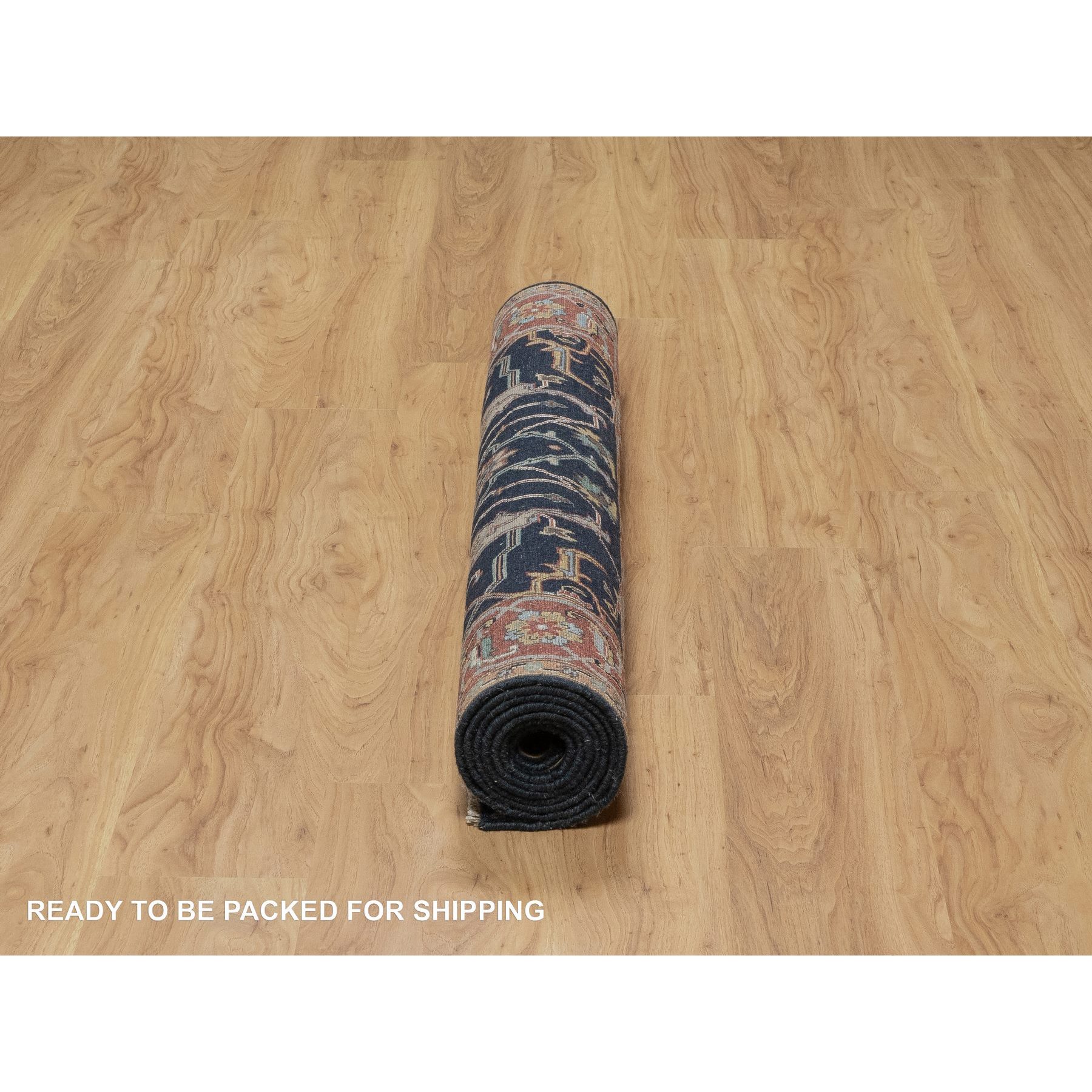 4'2"x8'1" Polo Blue, All Over Vines Design, Lush and Plush, Organic Wool, Densely Woven, Antiqued Fine Heriz, Re-Creation, Hand Knotted, Wide Runner, Oriental Rug Sh91110