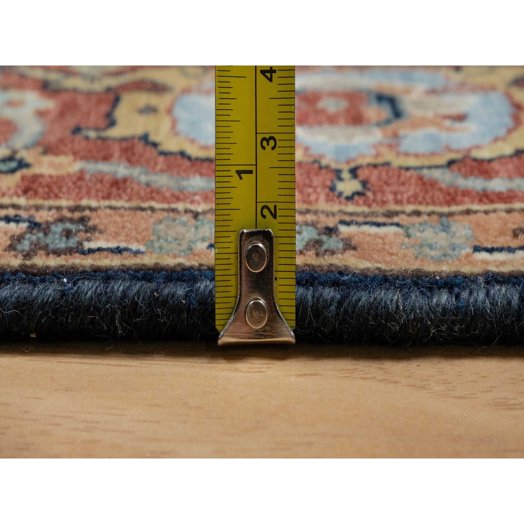 4'2"x8'1" Polo Blue, All Over Vines Design, Lush and Plush, Organic Wool, Densely Woven, Antiqued Fine Heriz, Re-Creation, Hand Knotted, Wide Runner, Oriental Rug Sh91110