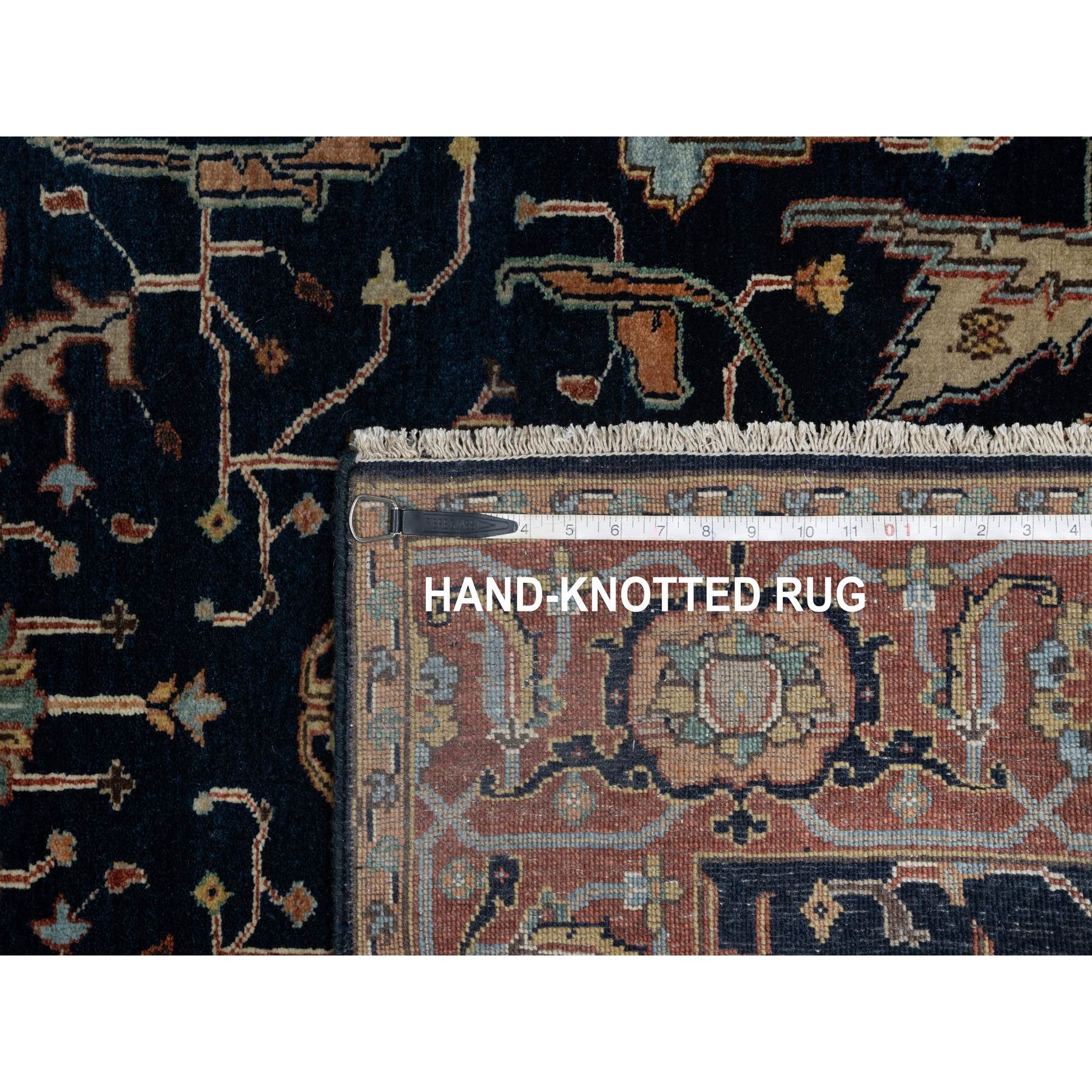 4'2"x8'1" Polo Blue, All Over Vines Design, Lush and Plush, Organic Wool, Densely Woven, Antiqued Fine Heriz, Re-Creation, Hand Knotted, Wide Runner, Oriental Rug Sh91110
