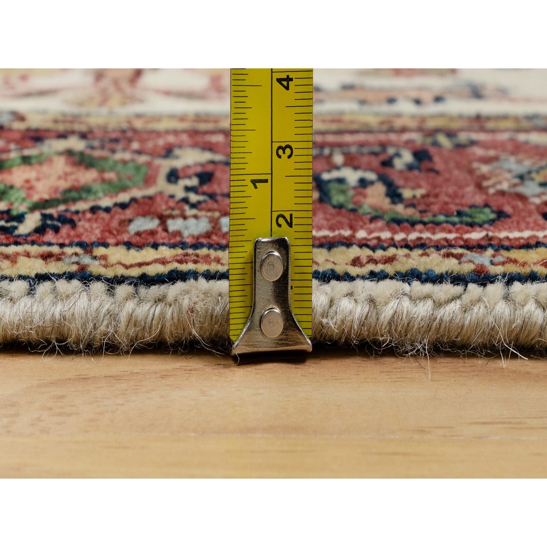 2'7"x6'2" Chiffon White with Red, Hand Spun New Zealand Wool, Antiqued Fine Heriz Re-Creation with Medallion Design, Denser Weave, Hand Knotted, Runner, Oriental Rug Sh91111