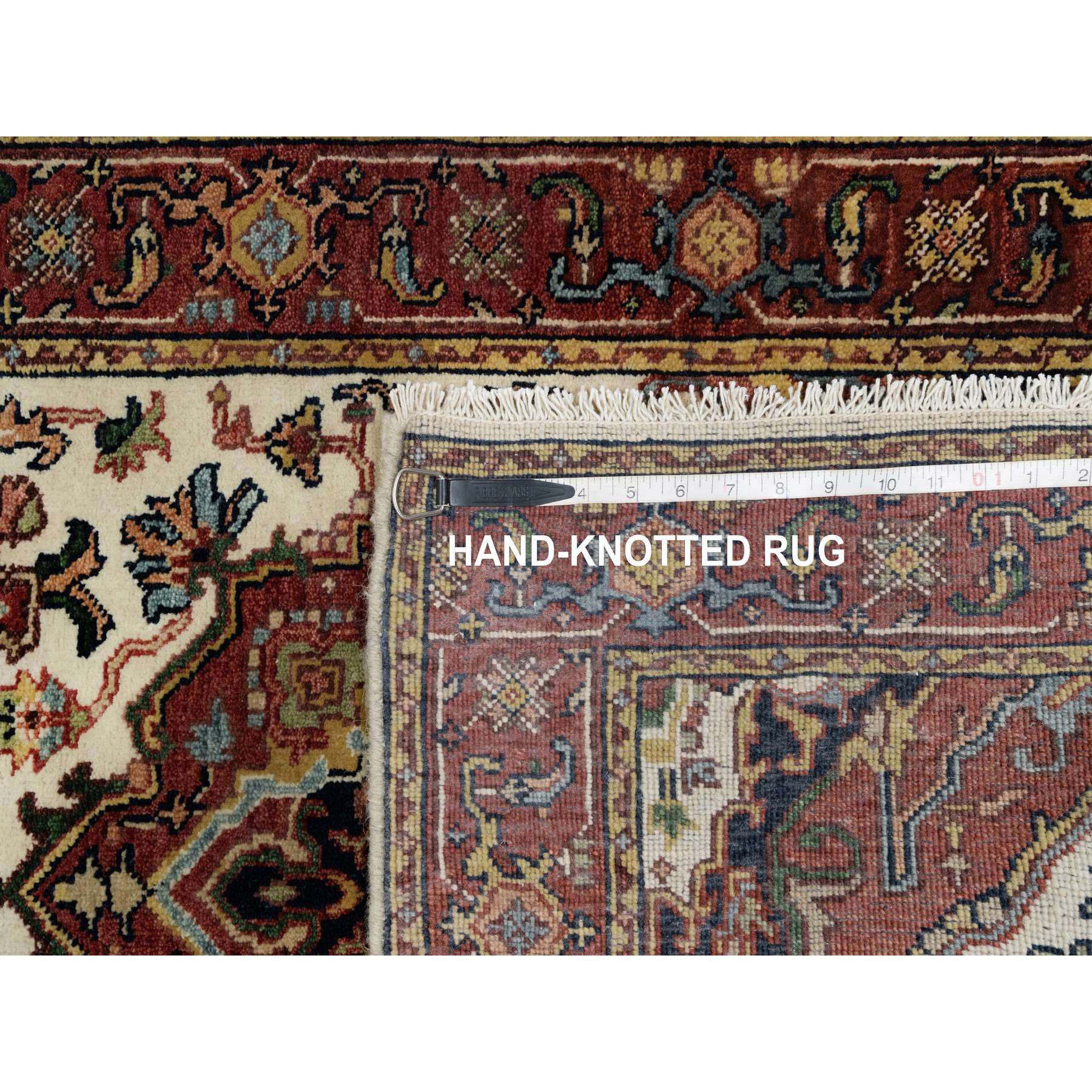 2'7"x6'2" Chiffon White with Red, Hand Spun New Zealand Wool, Antiqued Fine Heriz Re-Creation with Medallion Design, Denser Weave, Hand Knotted, Runner, Oriental Rug Sh91111