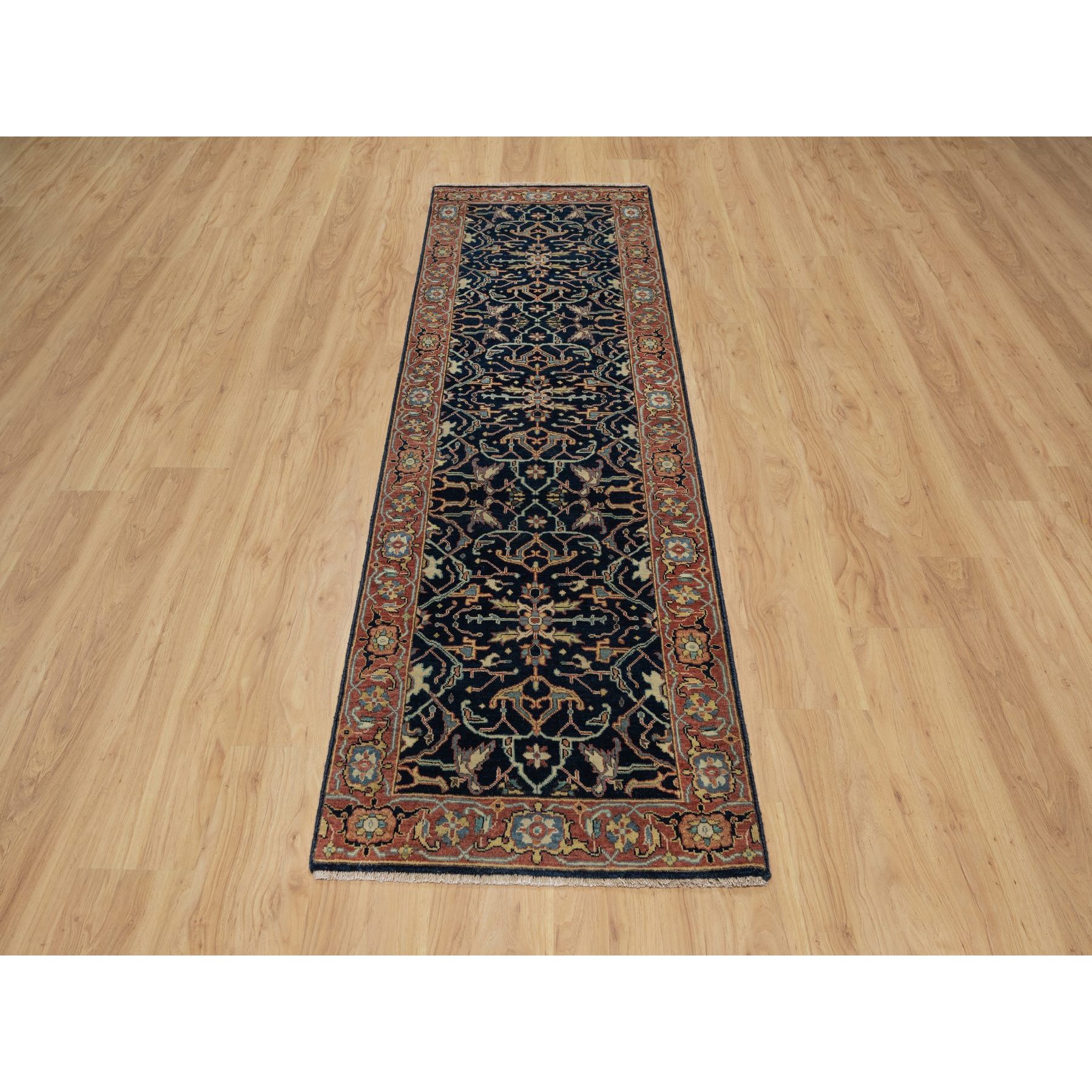 2'6"x8'1" Caviar Blue, Natural Dyes, All Wool, Antiqued Fine Heriz Re-Creation, Hand Knotted, All Over Vines Design, Denser Weave, Runner, Oriental Rug Sh91113