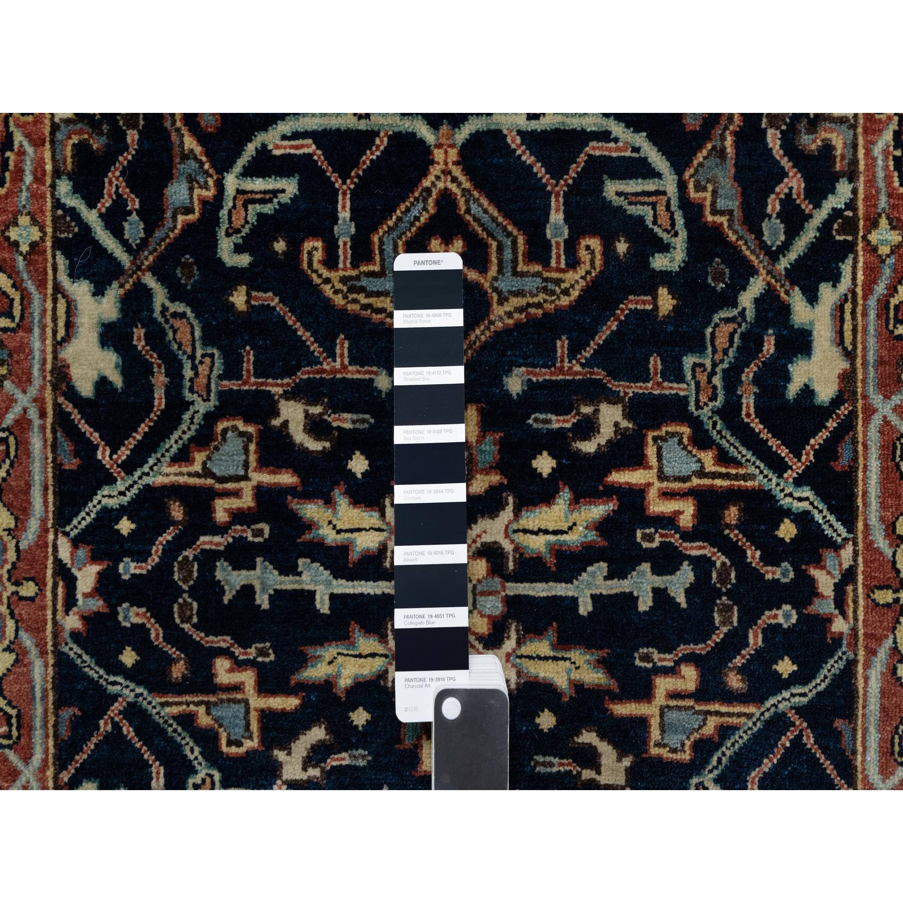 2'6"x8'1" Caviar Blue, Natural Dyes, All Wool, Antiqued Fine Heriz Re-Creation, Hand Knotted, All Over Vines Design, Denser Weave, Runner, Oriental Rug Sh91113