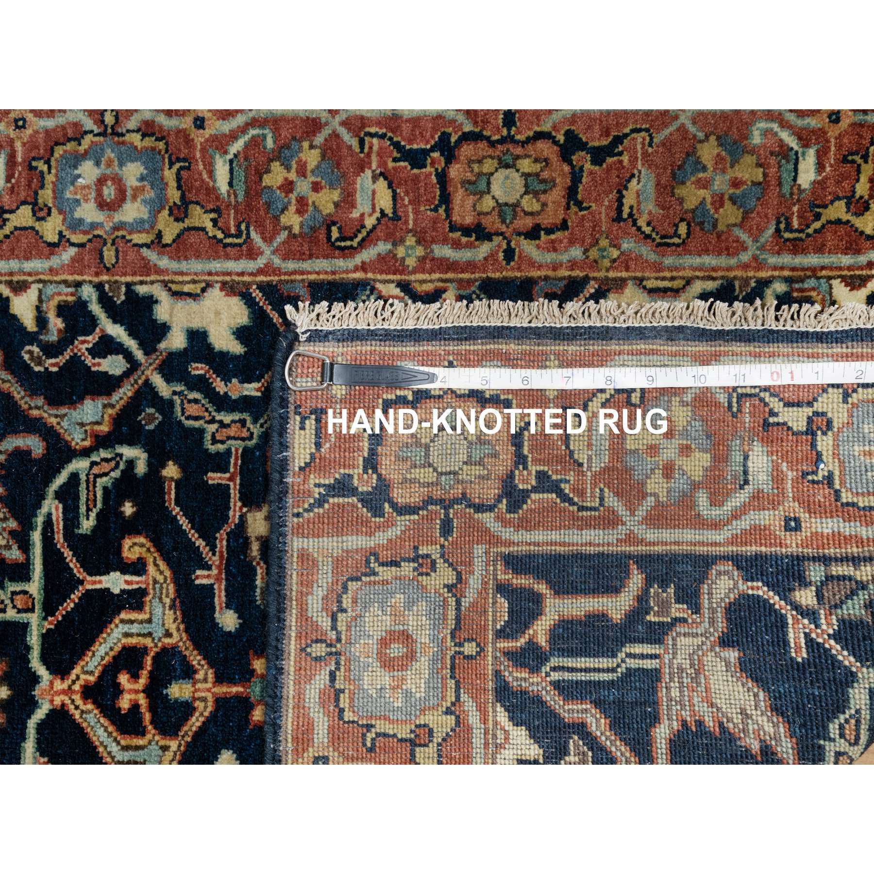 2'6"x8'1" Caviar Blue, Natural Dyes, All Wool, Antiqued Fine Heriz Re-Creation, Hand Knotted, All Over Vines Design, Denser Weave, Runner, Oriental Rug Sh91113
