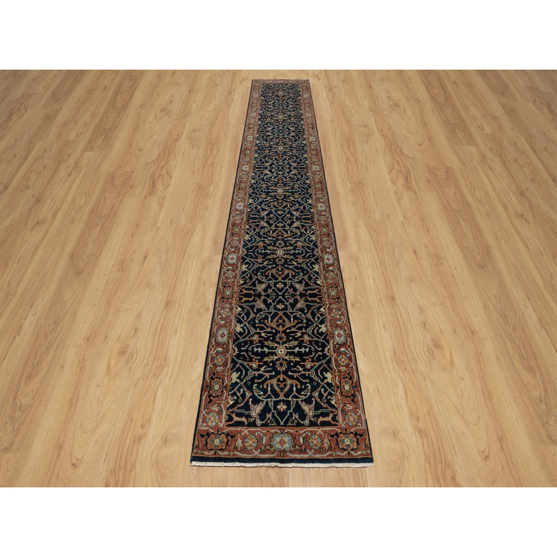 2'6"x14'1" Polo Blue, Denser Weave, Hand Knotted, Lush and Plush, Antiqued Fine Heriz Re-Creation, Soft and Velvety Wool, XL Runner, Oriental Rug Sh91115