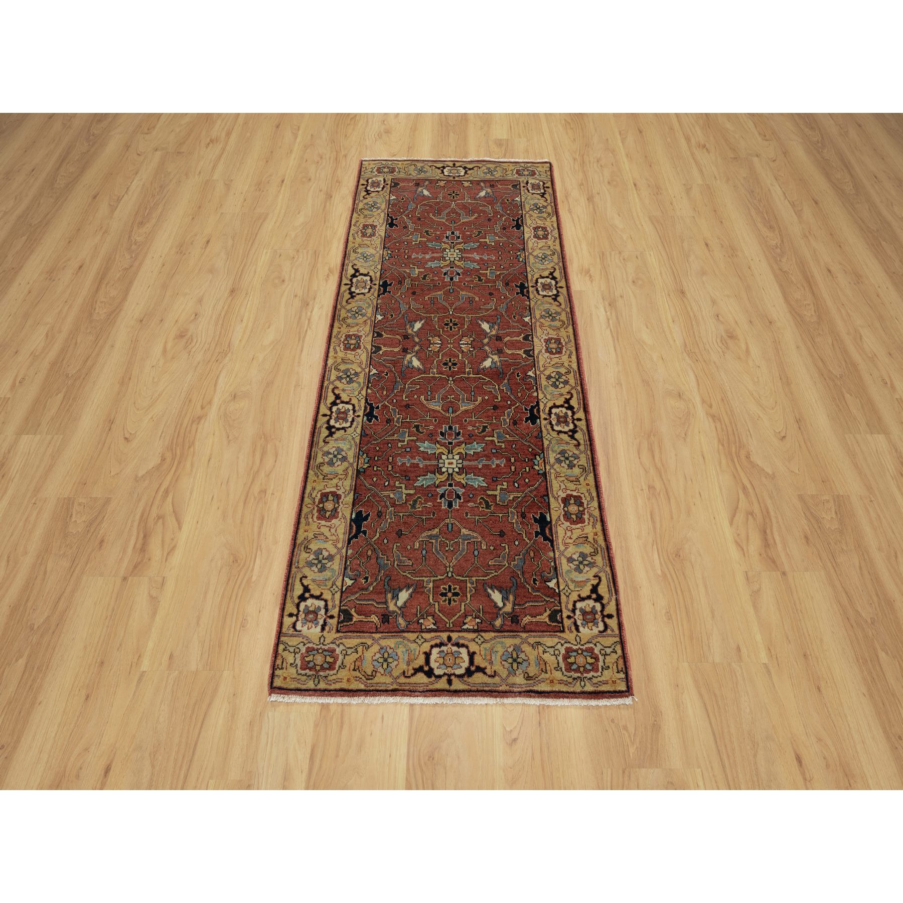 2'7"x6'1" Rubor Red, Plush and Lush All Wool, Hand Knotted, Vegetable Dyes, Antiqued Fine Heriz Re-Creation with All Over Design, Denser Weave, Runner, Oriental Rug Sh91118