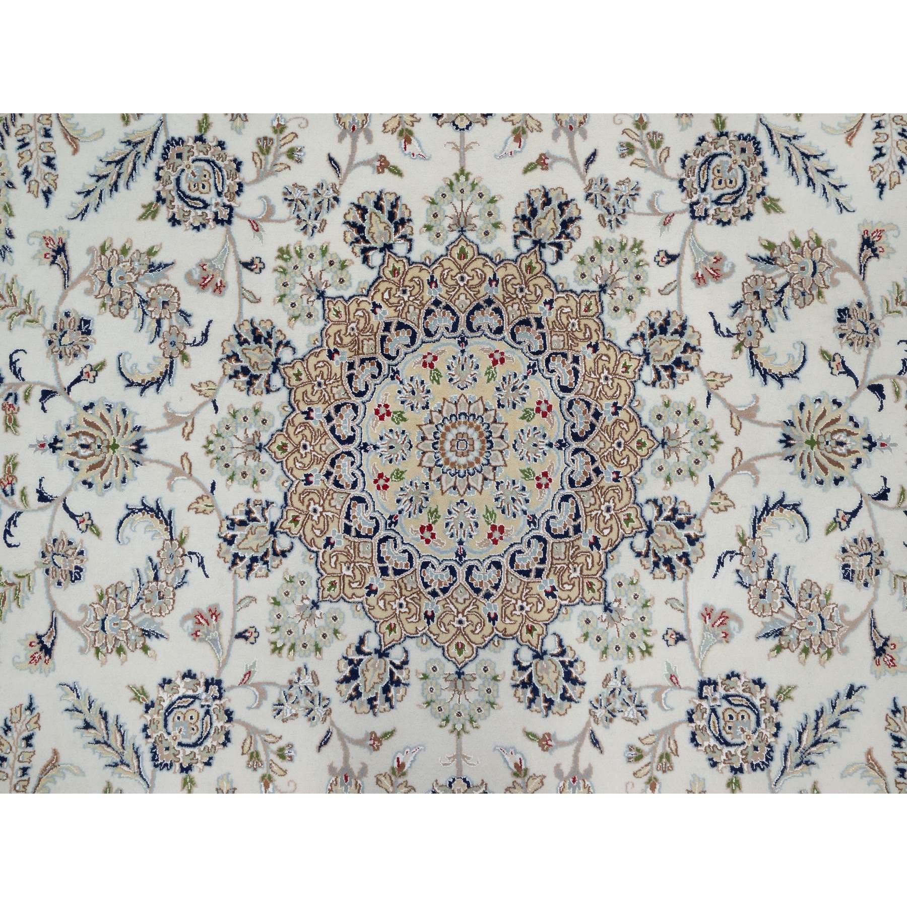 9'x12'1" Daisy White, Nain with Center Flower Design, 250 KPSI, Hand Knotted, Wool and Silk, Oriental Rug Sh91122