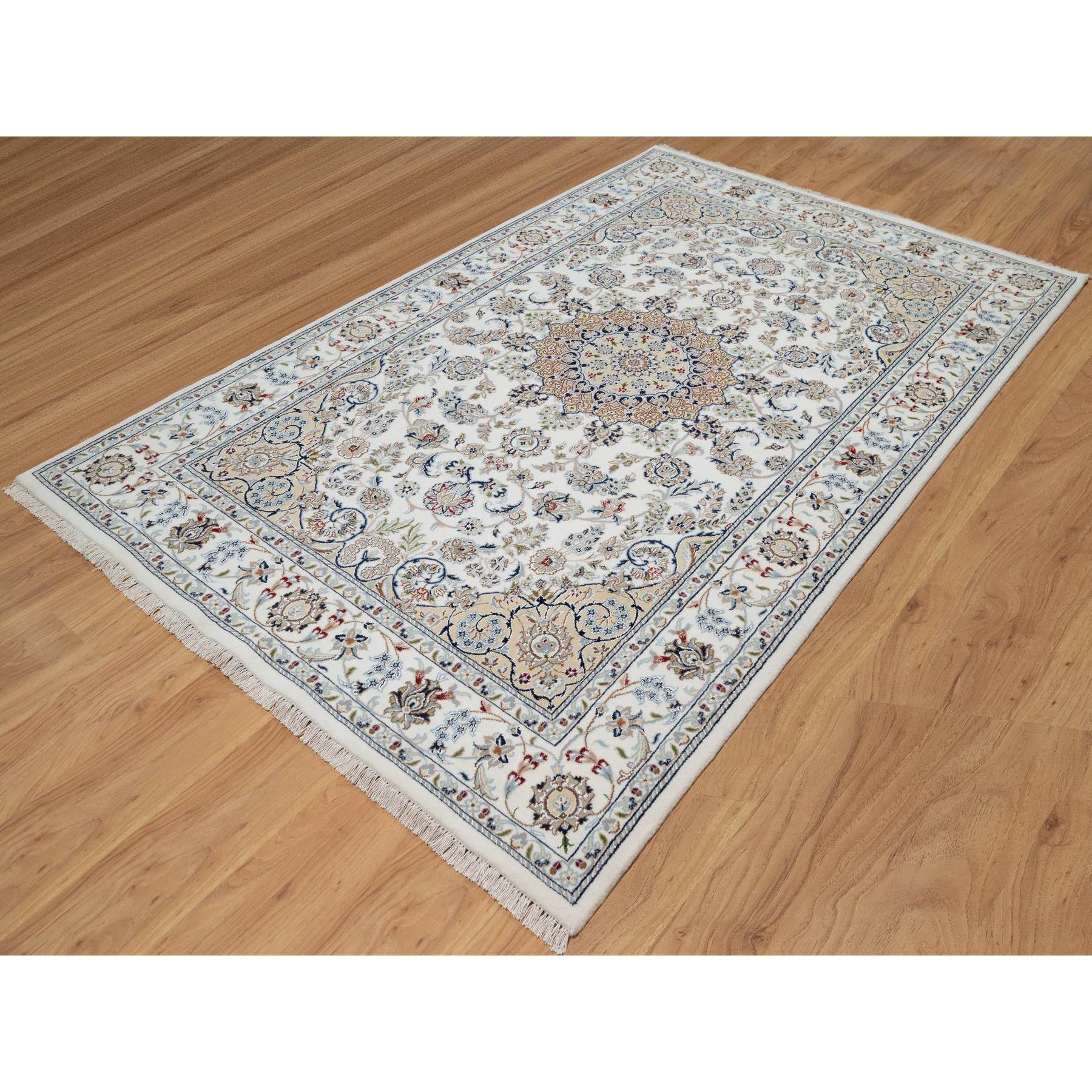 5'10"x9'2" Pearl White, 250 KPSI, Hand Knotted, Nain with Flower Medallion Design, Wool and Silk, Oriental Rug Sh91125