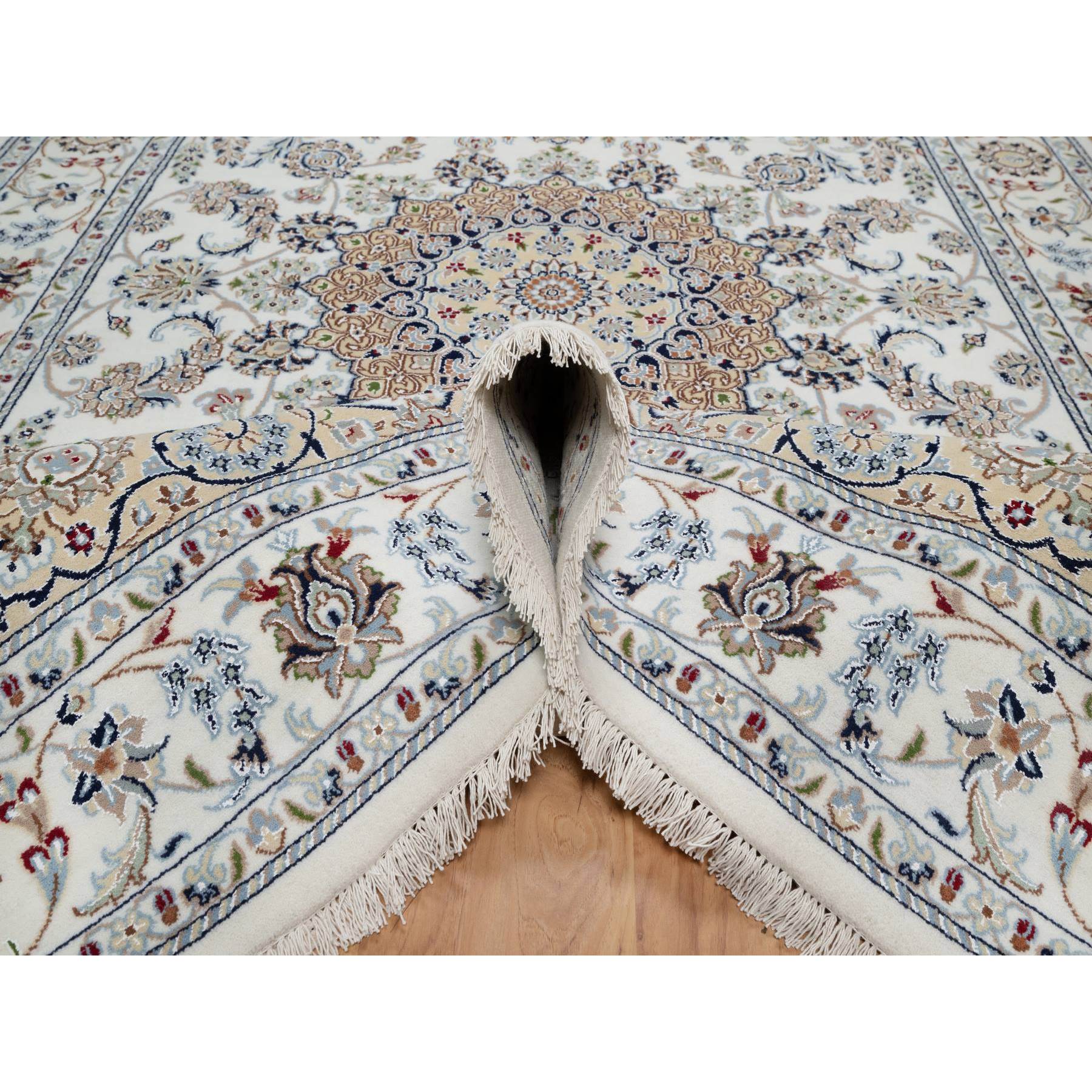 5'10"x9'2" Pearl White, 250 KPSI, Hand Knotted, Nain with Flower Medallion Design, Wool and Silk, Oriental Rug Sh91125