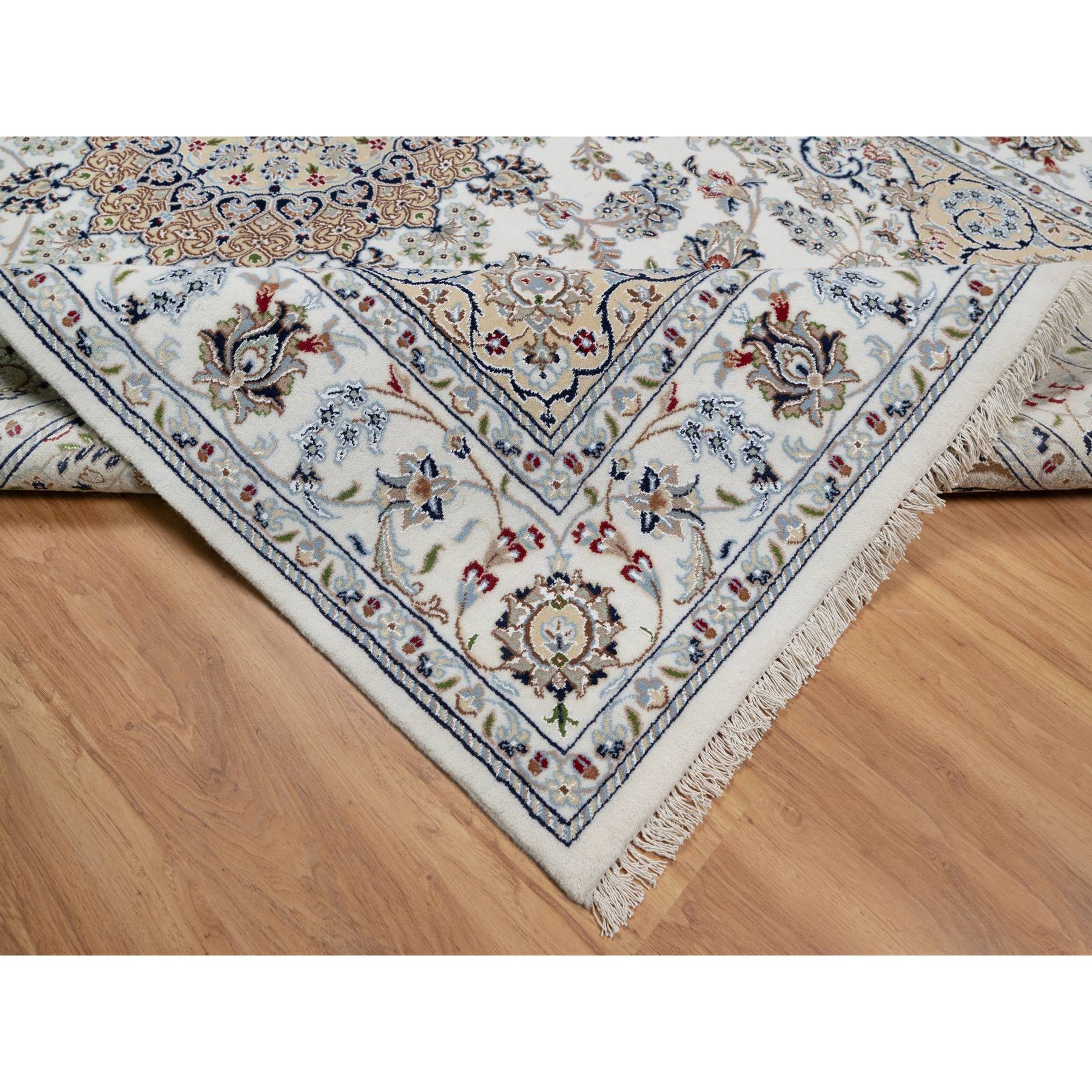 5'10"x9'2" Pearl White, 250 KPSI, Hand Knotted, Nain with Flower Medallion Design, Wool and Silk, Oriental Rug Sh91125