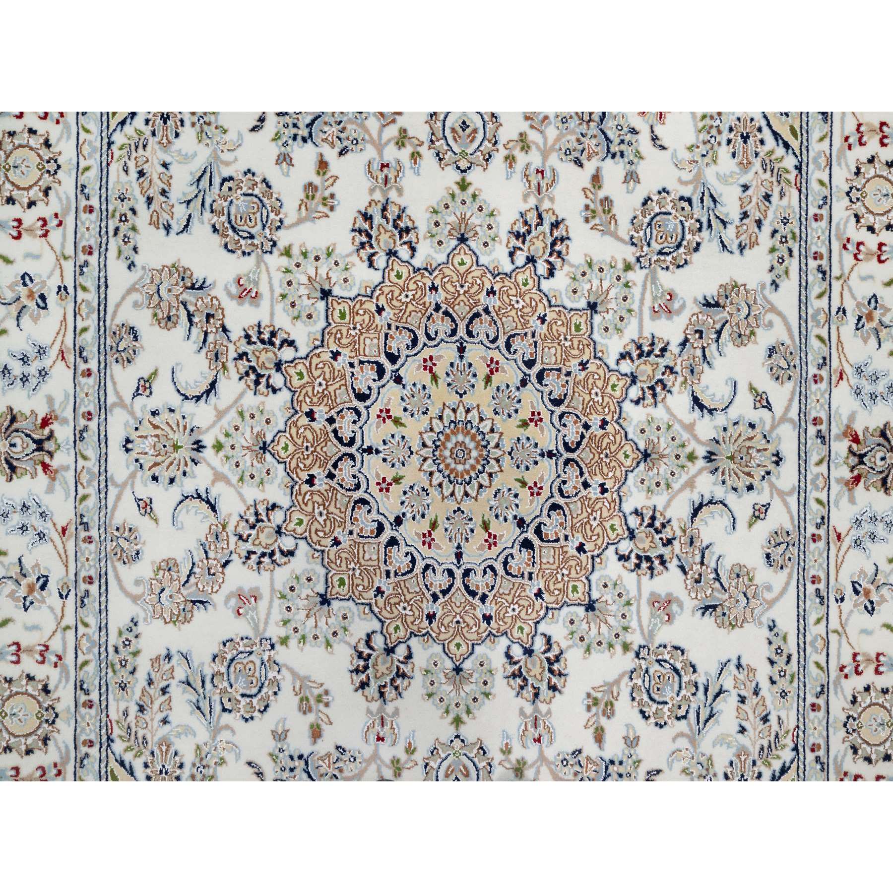 5'10"x9'2" Pearl White, 250 KPSI, Hand Knotted, Nain with Flower Medallion Design, Wool and Silk, Oriental Rug Sh91125