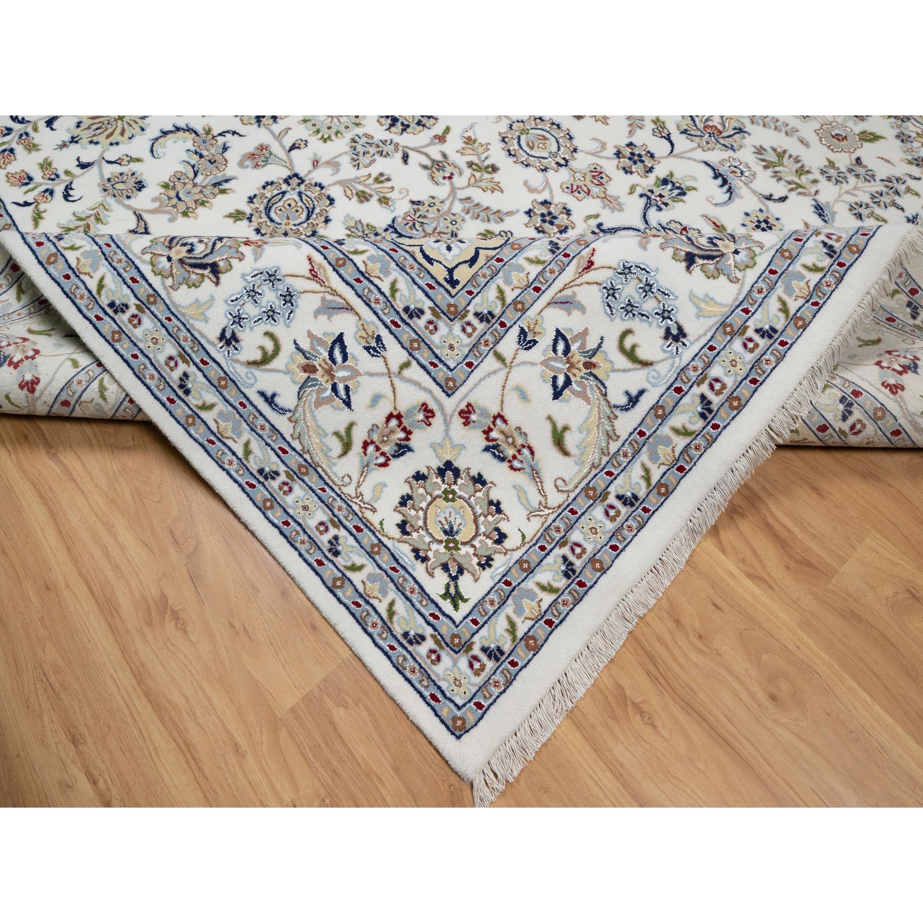 8'9"x12'3" Pearl White, Hand Knotted, Nain with Flower Medallion Motif, 250 KPSI, Wool and Silk, Oriental Rug Sh91126
