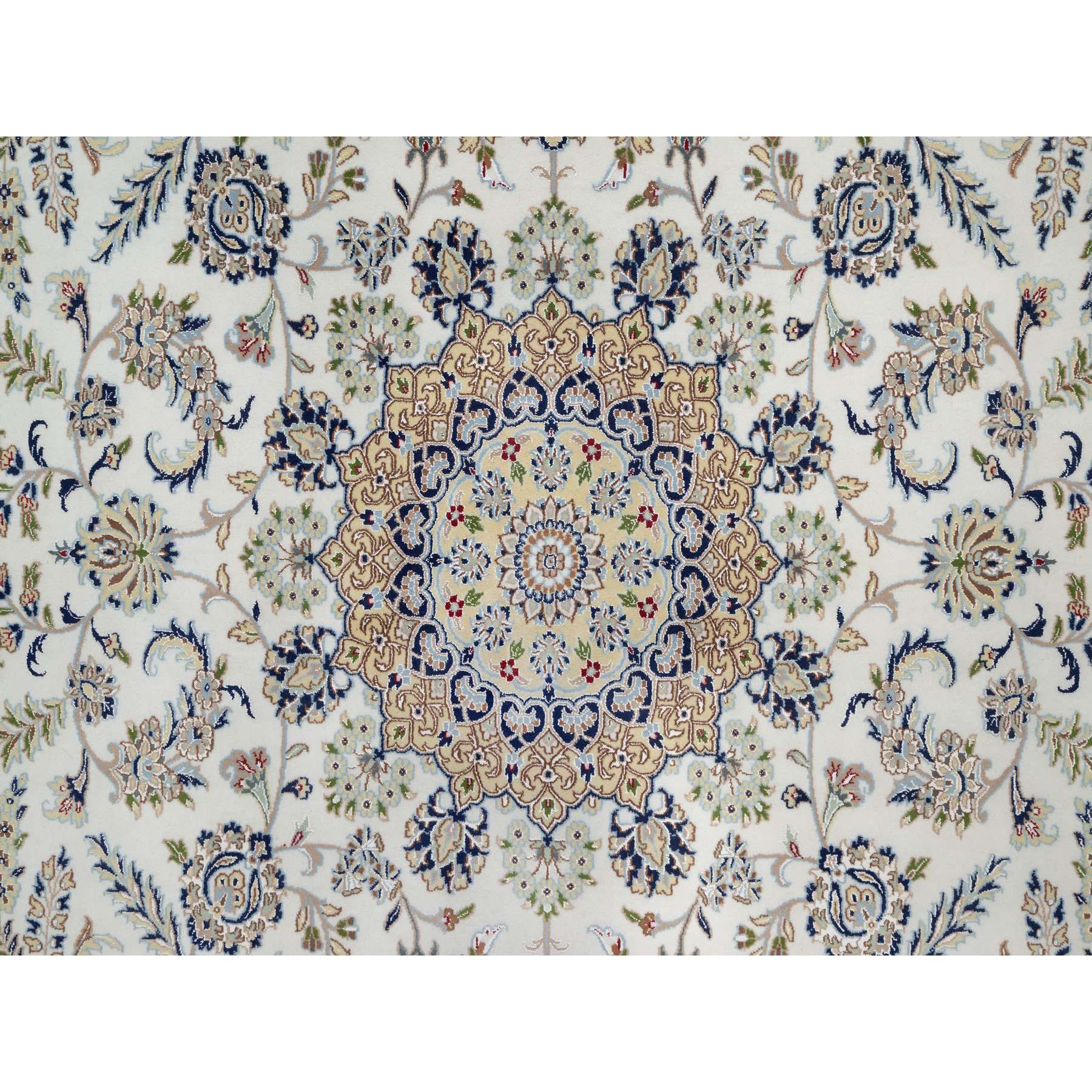 8'9"x12'3" Pearl White, Hand Knotted, Nain with Flower Medallion Motif, 250 KPSI, Wool and Silk, Oriental Rug Sh91126