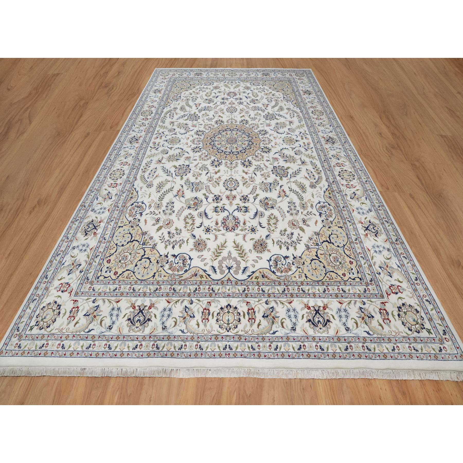 9'8"x14'4" Snow White, Nain with Floral Medallion Design, 250 KPSI, Hand Knotted, Wool and Silk, Oriental Rug Sh91129