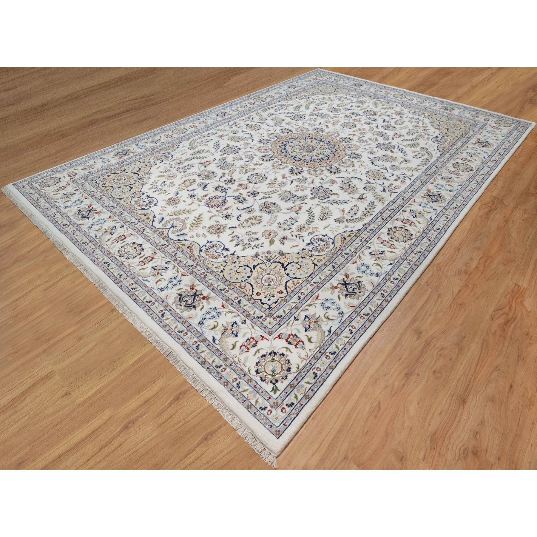 9'8"x14'4" Snow White, Nain with Floral Medallion Design, 250 KPSI, Hand Knotted, Wool and Silk, Oriental Rug Sh91129