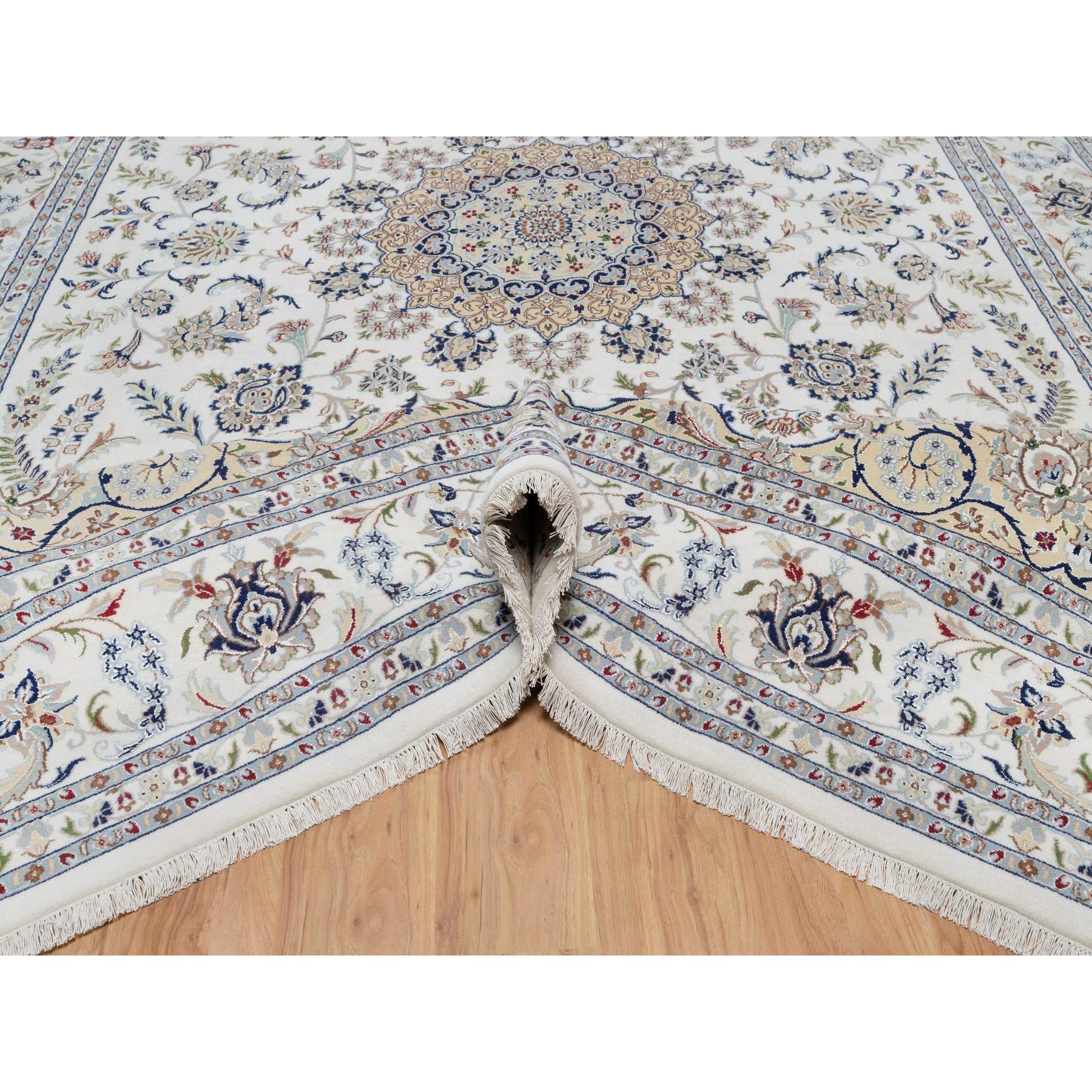 9'8"x14'4" Snow White, Nain with Floral Medallion Design, 250 KPSI, Hand Knotted, Wool and Silk, Oriental Rug Sh91129