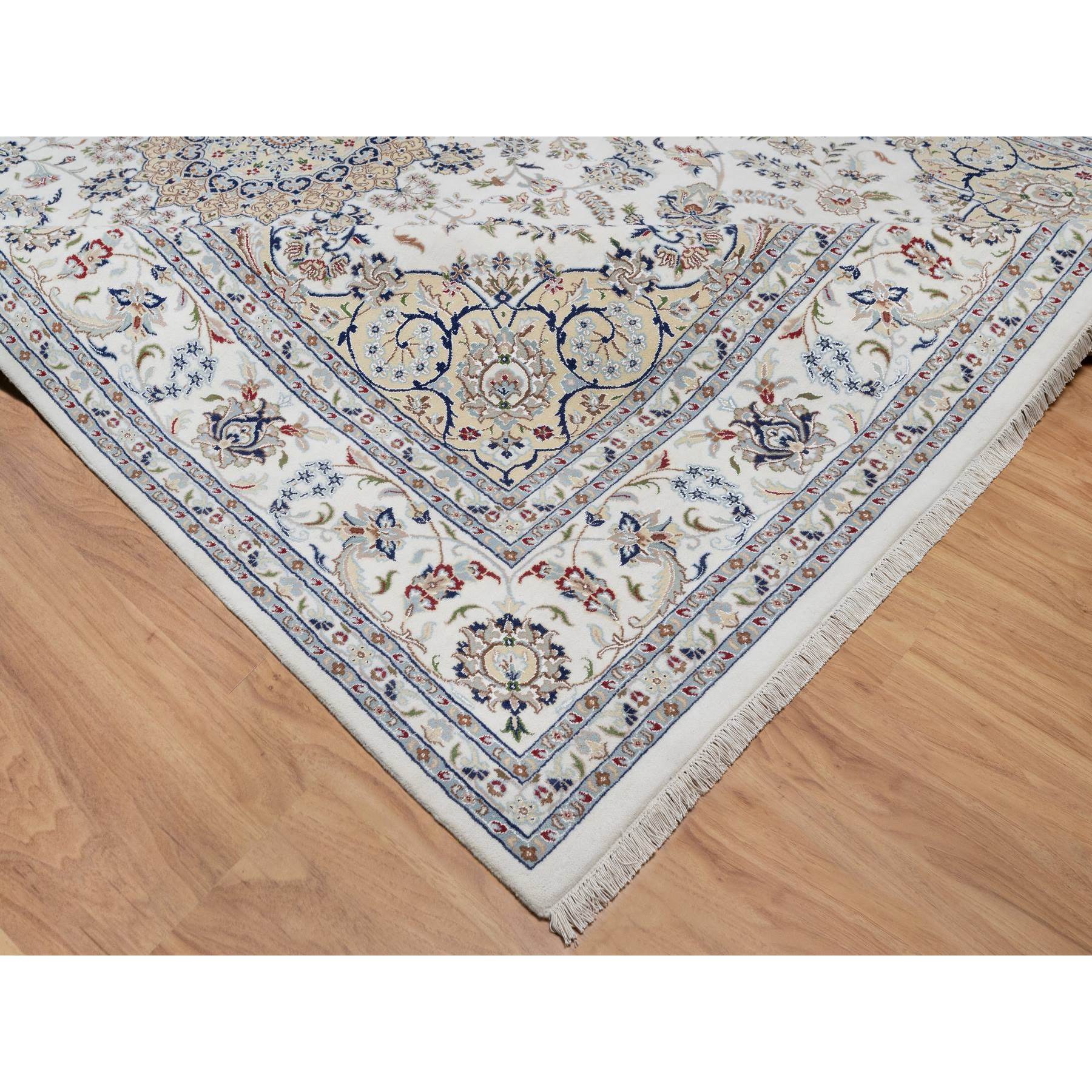 9'8"x14'4" Snow White, Nain with Floral Medallion Design, 250 KPSI, Hand Knotted, Wool and Silk, Oriental Rug Sh91129