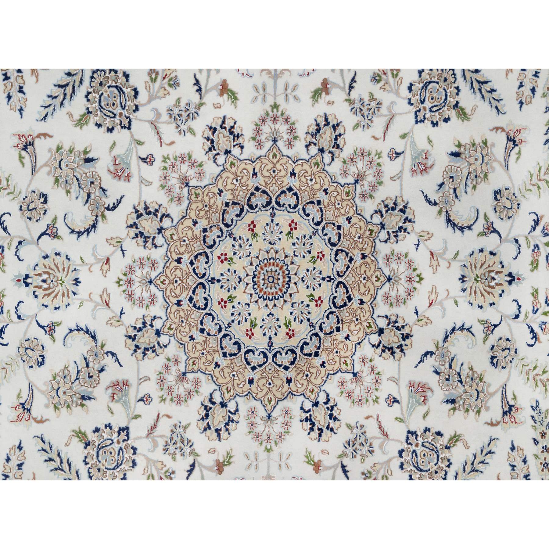 9'8"x14'4" Snow White, Nain with Floral Medallion Design, 250 KPSI, Hand Knotted, Wool and Silk, Oriental Rug Sh91129
