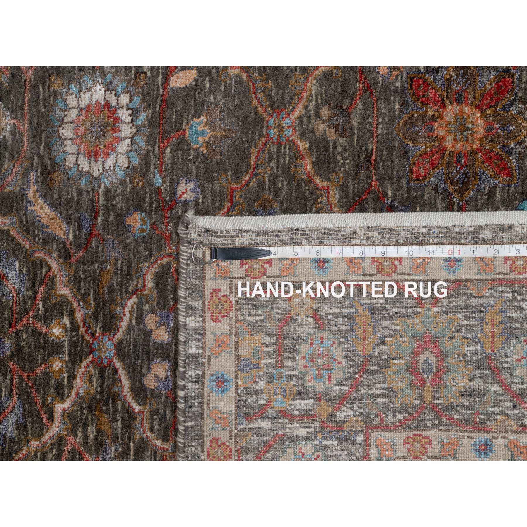 5'x7' Cedar Brown, Persian Scrolls Leaf and Flower Design, Striae Pattern, Hand Knotted, Textured Wool and Silk, Oriental Rug Sh91133