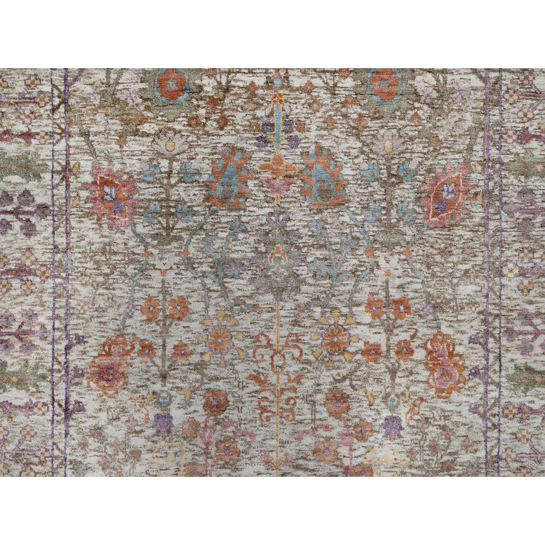 4'3"x6'2" Snow White with Brown, Directional Vase Design, Silk with Textured Wool, Hand Knotted, Oriental Rug Sh91134