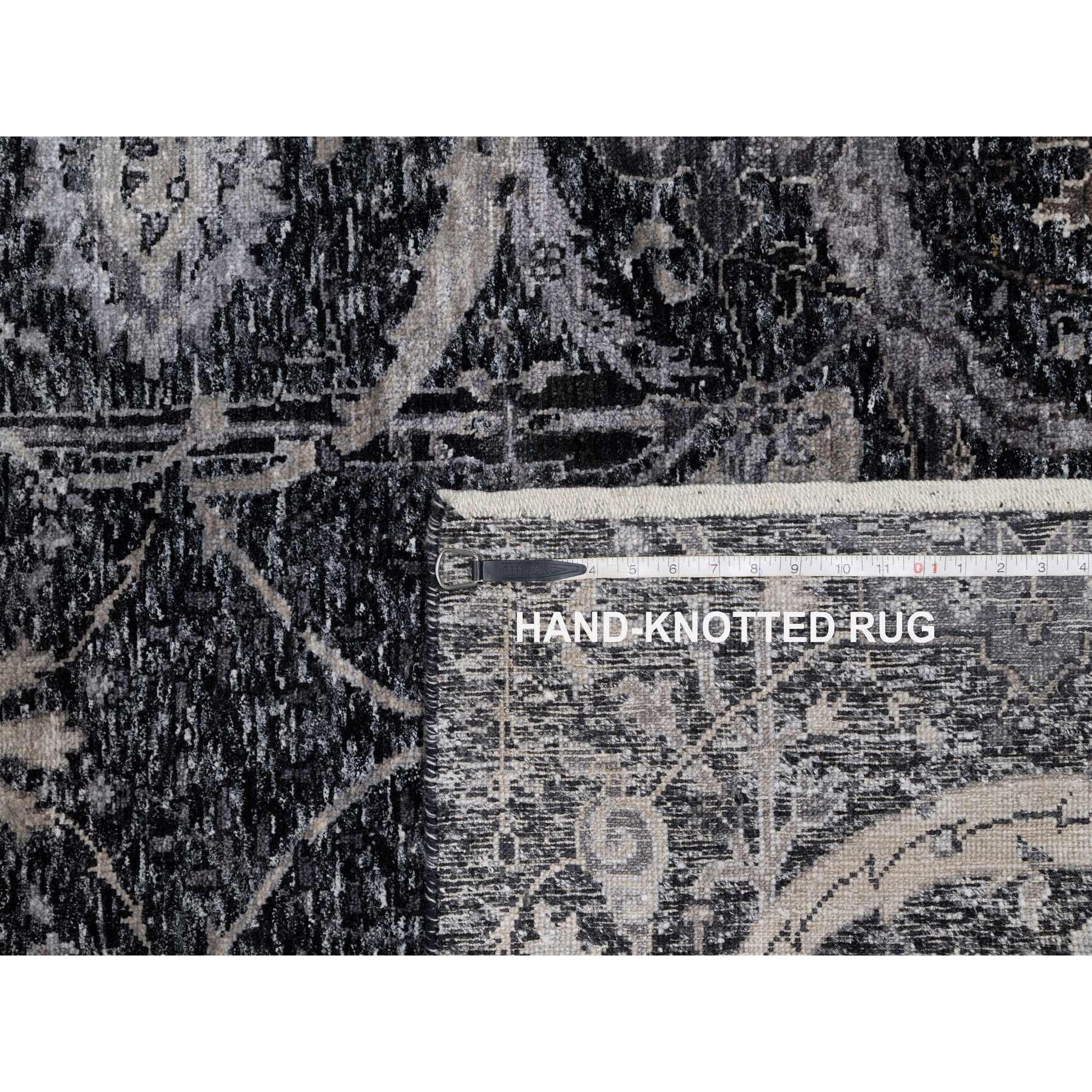 4'10"x7' Phantom Black, Hand Knotted, Sickle Leaf Design, Soft Pile, Lush and Plush, Wool and Silk, Oriental Rug Sh91135