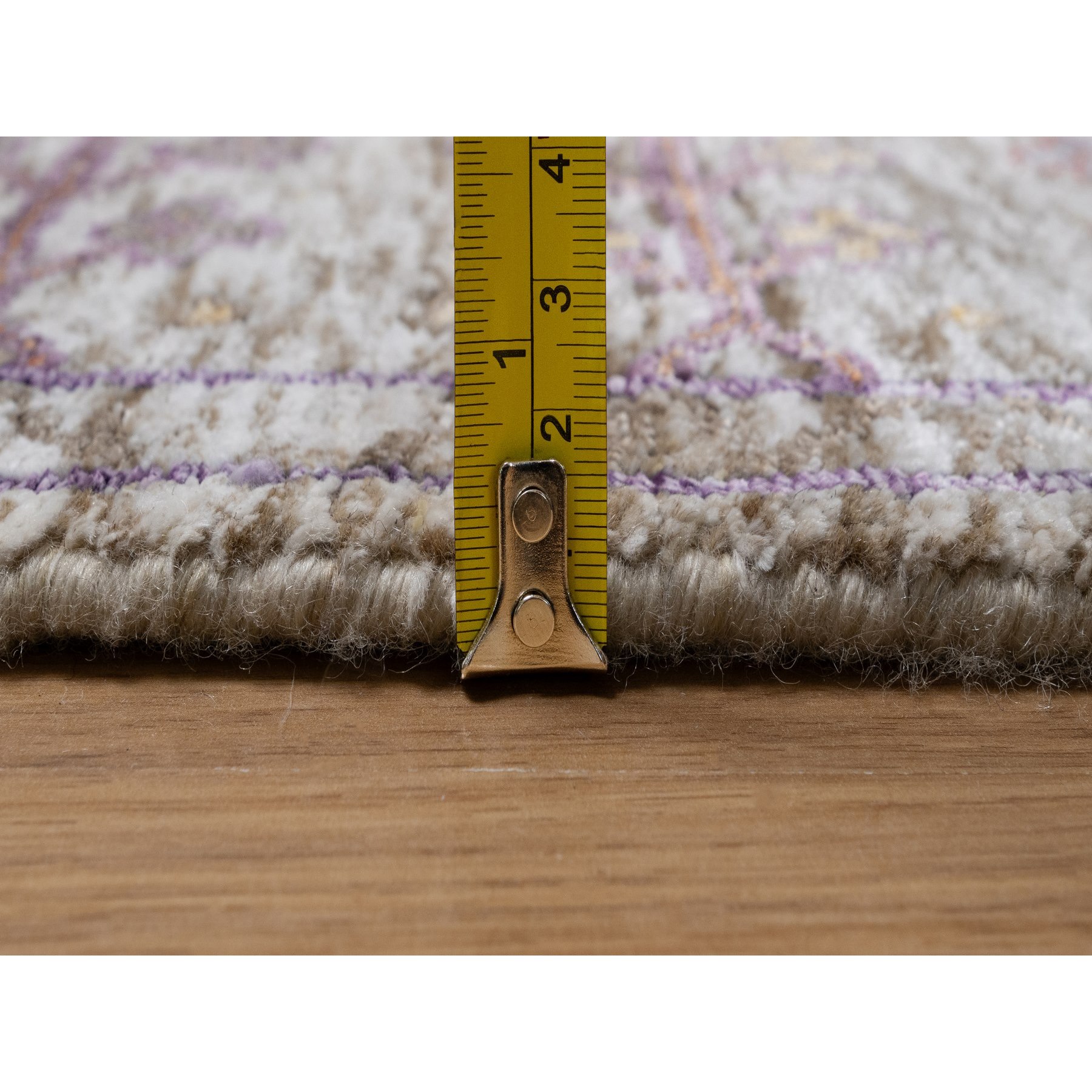 4'x6'1" Daisy White with Brown, Silk with Textured Wool, Hand Knotted, Directional Vase Design, Oriental Rug Sh91138