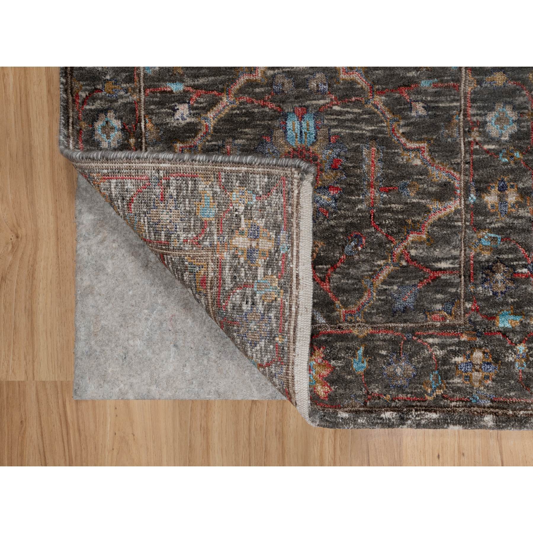 2'x3' Falcon Brown, Hand Knotted, Persian Scrolls Leaf and Flower Design, Striae Pattern, Textured Wool and Silk, Mat, Oriental Rug Sh91151