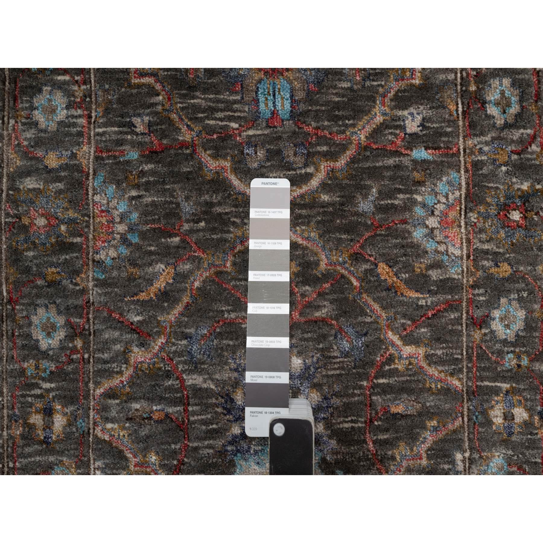 2'x3' Falcon Brown, Hand Knotted, Persian Scrolls Leaf and Flower Design, Striae Pattern, Textured Wool and Silk, Mat, Oriental Rug Sh91151