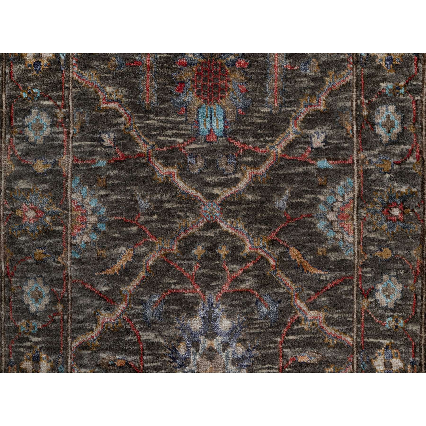 2'x3' Falcon Brown, Hand Knotted, Persian Scrolls Leaf and Flower Design, Striae Pattern, Textured Wool and Silk, Mat, Oriental Rug Sh91151