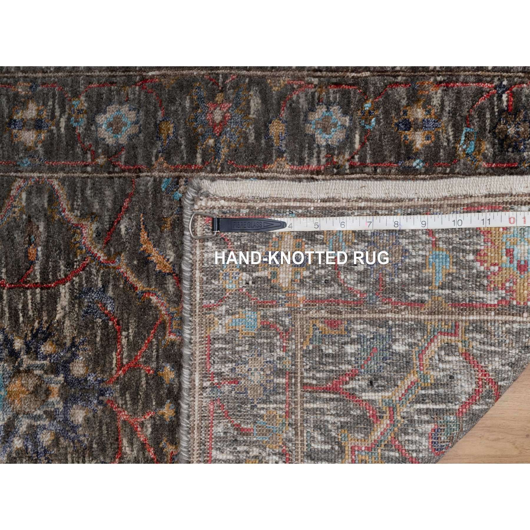 2'x3' Morel Brown, Persian Scrolls Leaf and Flower Design, Striae Pattern, Hand Knotted, Textured Wool and Silk, Mat, Oriental Rug Sh91152