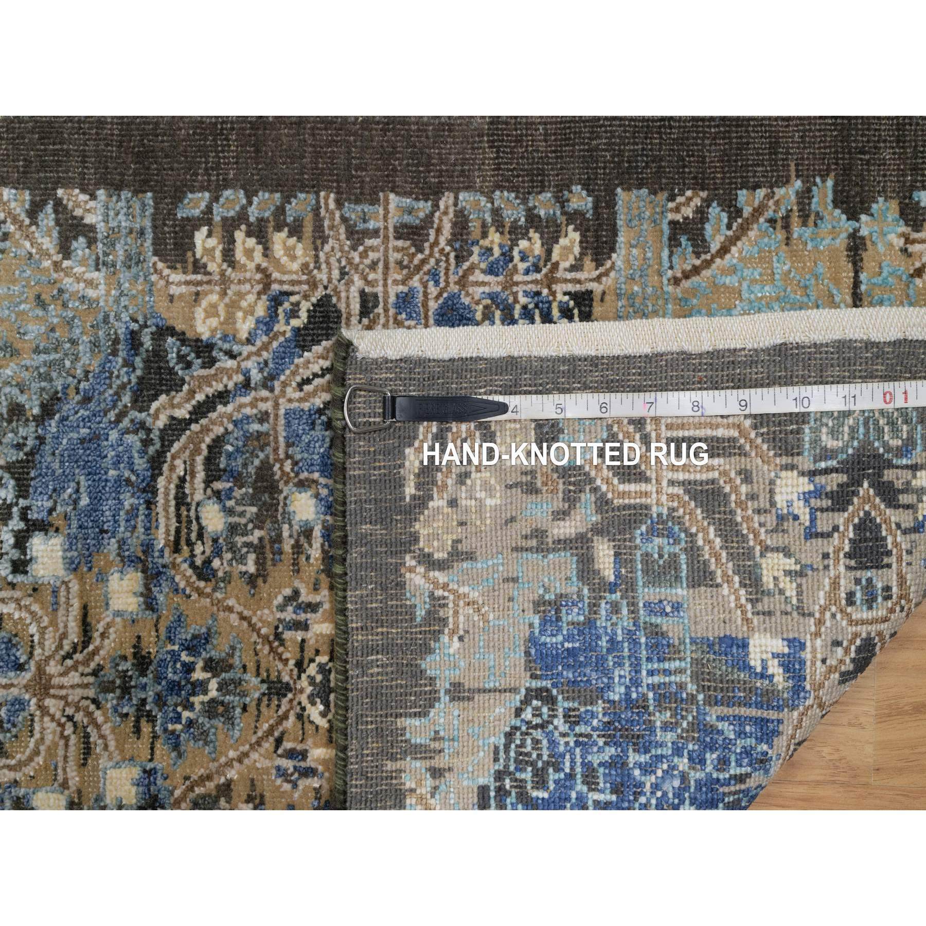 2'x3' Tortilla Brown with Blue, Broken and Erased Persian Sarouk Design, Wool and Silk, Hand Knotted, Oriental Mat, Rug Sh91154