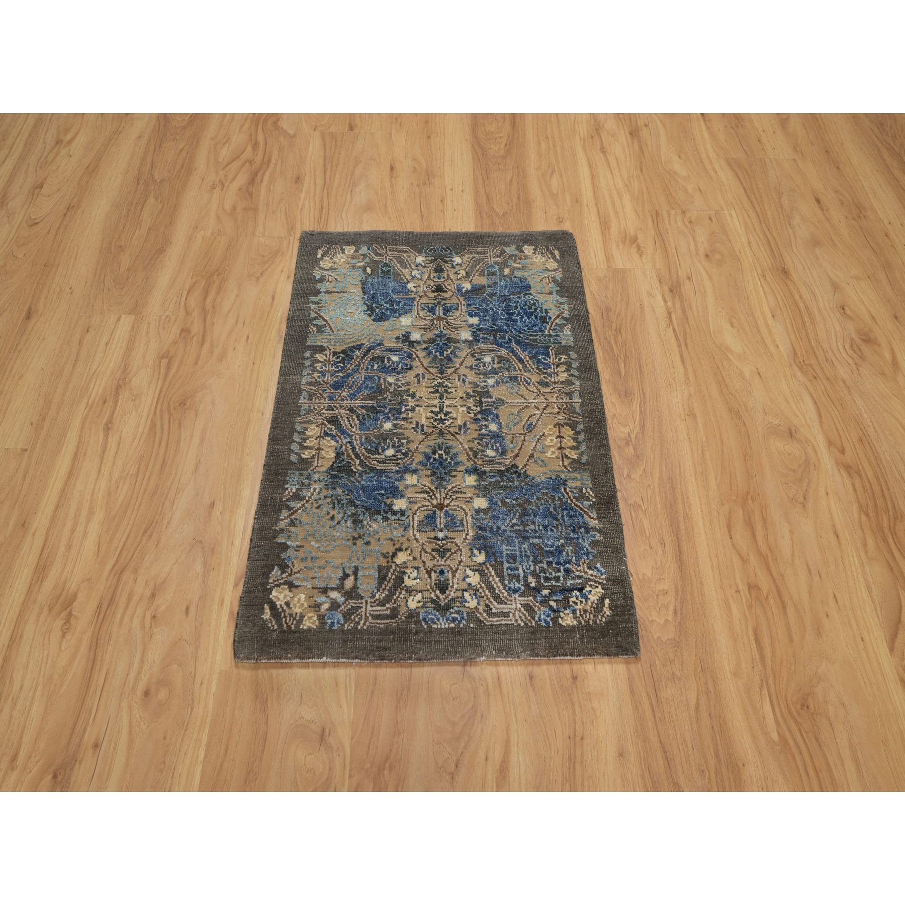 2'x3' Khaki Brown, Broken and Erased Persian Sarouk Design, Denser Weave, Natural Dyes, Hand Knotted, Wool and Silk, Mat, Oriental Rug Sh91156
