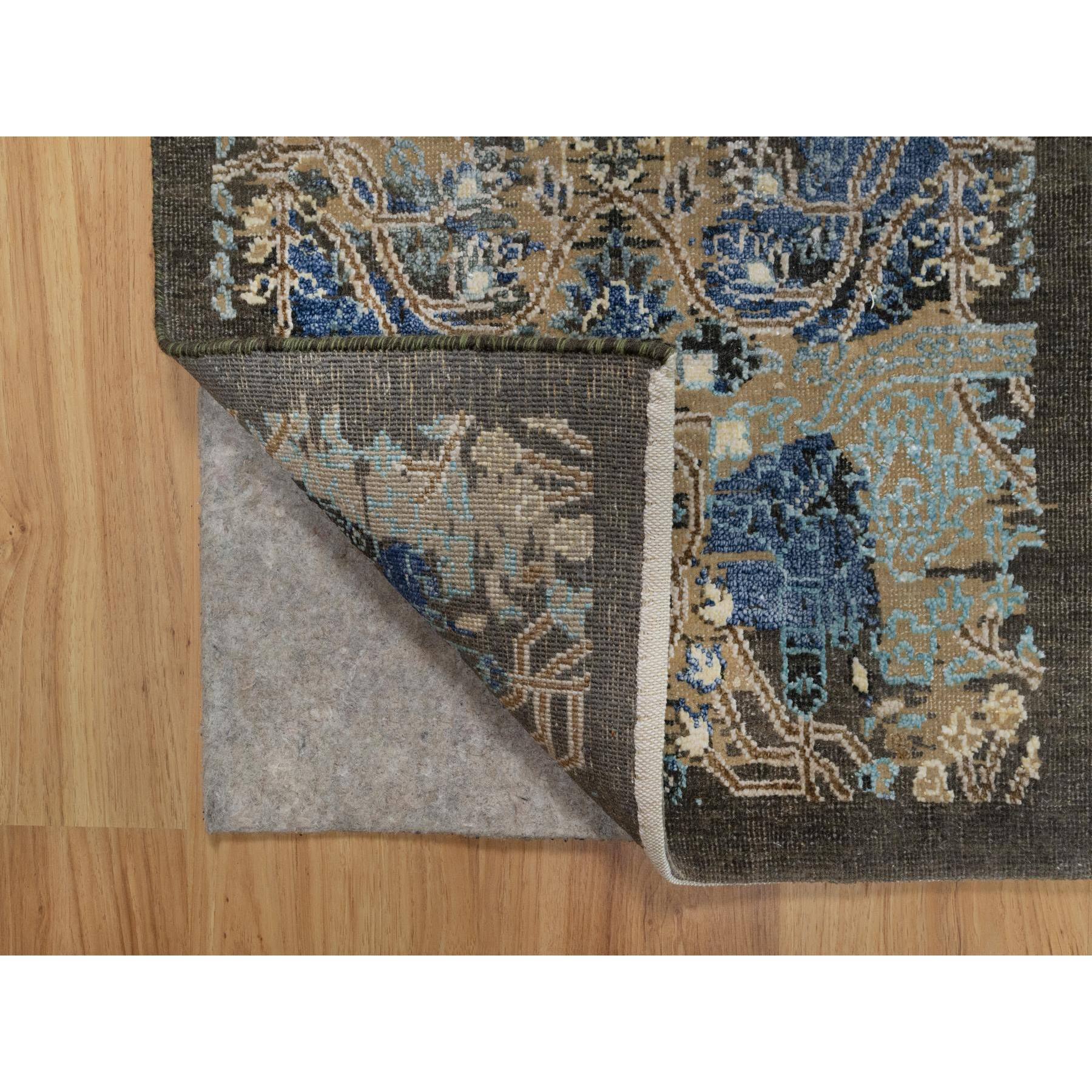 2'x3' Khaki Brown, Broken and Erased Persian Sarouk Design, Denser Weave, Natural Dyes, Hand Knotted, Wool and Silk, Mat, Oriental Rug Sh91156