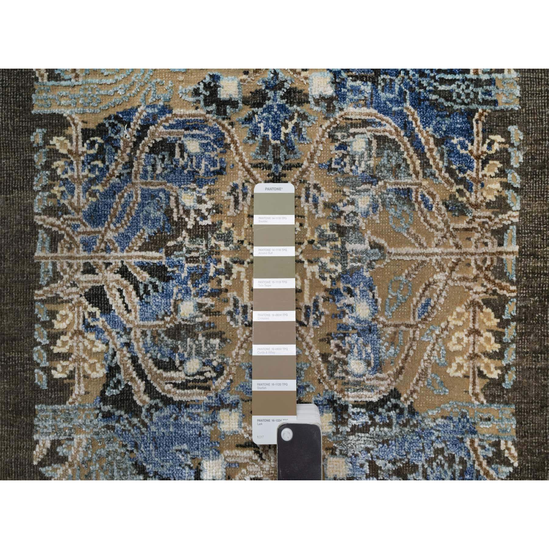 2'x3' Khaki Brown, Broken and Erased Persian Sarouk Design, Denser Weave, Natural Dyes, Hand Knotted, Wool and Silk, Mat, Oriental Rug Sh91156