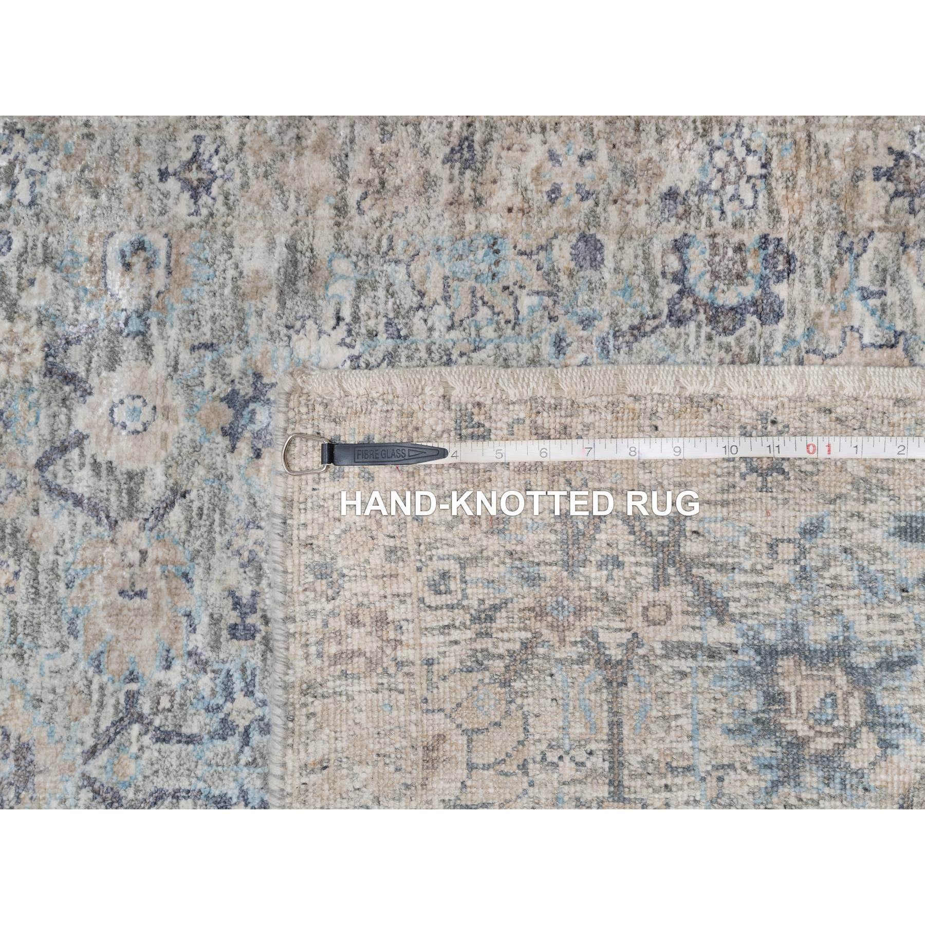 2'7'x15'9" Rice White, Hand Knotted, Sickle Leaf Design, Soft Pile, Silk with Textured Wool, XL Runner, Oriental Rug Sh91158