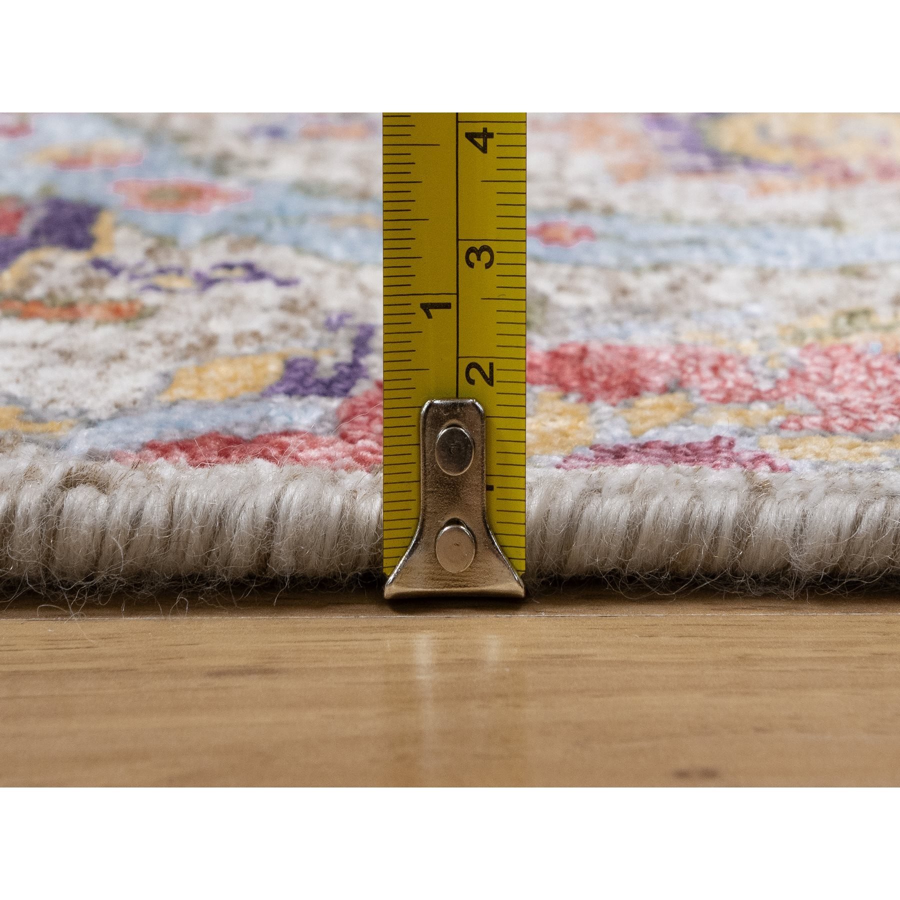 2'5"x26' Chiffon White, Silk with Textured Wool, Hand Knotted, Sickle Leaf Design, Borderless, XL Runner, Oriental Rug Sh91159